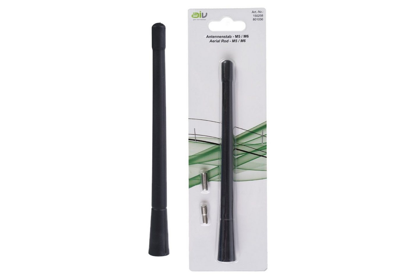 AIV Ersatz-Antennen-Stab 16V 17cm M5 M6 Kurz Autoradio-Ersatzantennenstab (AM,FM,UKW,Radio), Kurzstab-Antenne, M5/M6-Gewinde Adapter, für AM FM UKW Auto-Radio