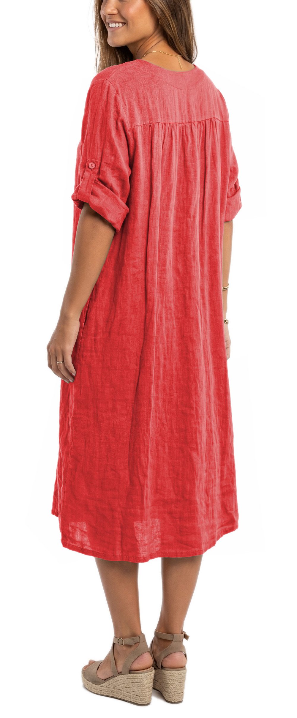 dy_mode Hemdblusenkleid Damen Leinenkleid Midi Hemdblusenkleid mit V-Ausschnitt Freizeitkleid in Unifarbe, V-Ausschnitt, mit seitlichen Eingriffstaschen – Bild 4 von 5