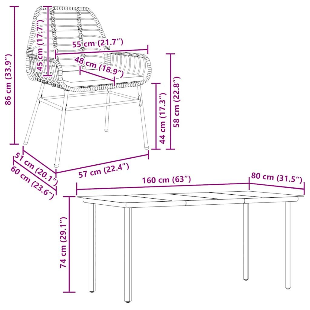 vidaXL Garten-Essgruppe 7-tlg. Garten-Essgruppe mit Kissen Schwarz Poly Rattan Glas, (6-tlg)