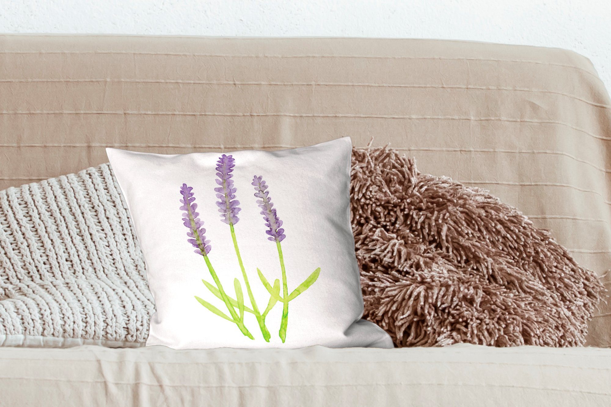 Schlafzimmer, Sofakissen Füllung für mit MuchoWow Dekokissen Pflanzen, - - Zierkissen Wohzimmer, Lavendel Aquarell Deko,