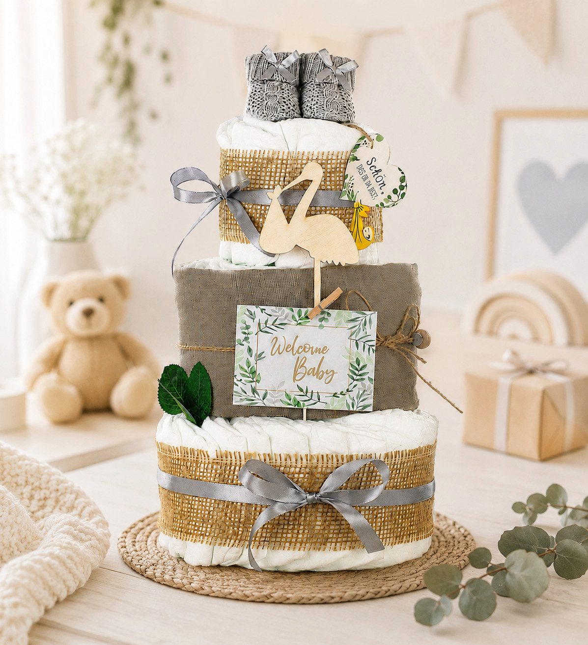 dubistda-WINDELTORTEN- Neugeborenen-Geschenkset Windeltorte Storch, zur Geburt