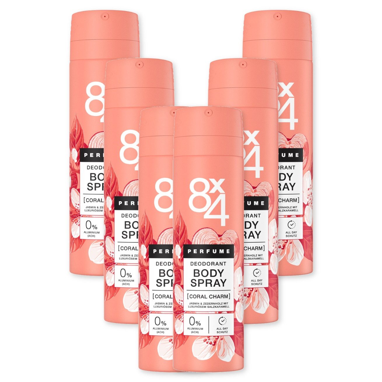 8x4 Bodyspray Body Spray Coral Charm 6 x 150ml Deodorant 24h blumig‑verführerisch, Set, 6-tlg., 0% Aluminium (ACH)