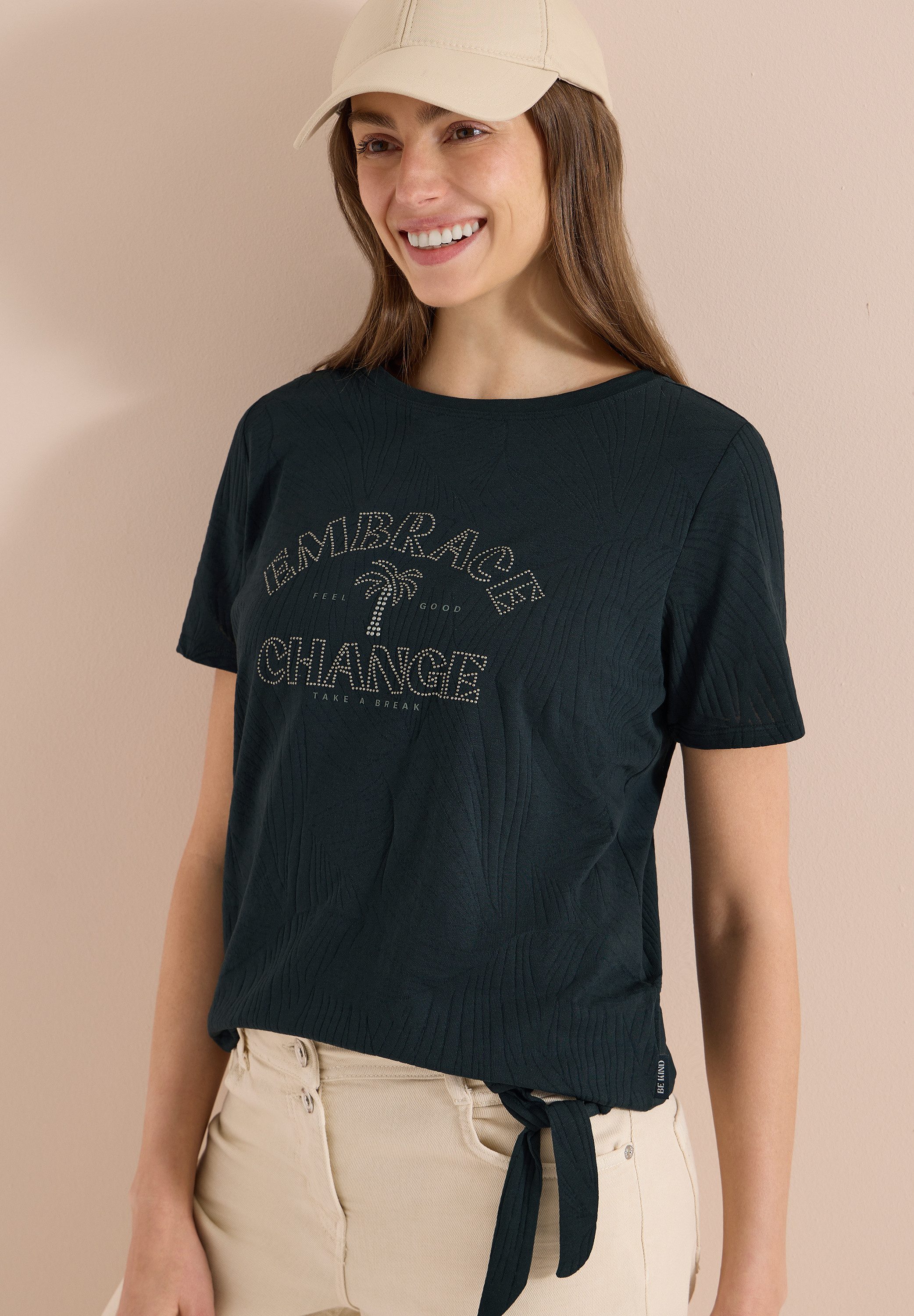 CECIL Rundhalsshirt Sommershirt im Ausbrenner-Look mit Wording