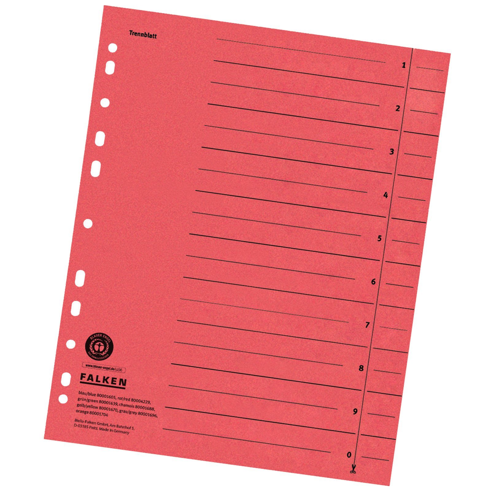 Falken Aktenordner, Trennblätter Register DIN A4 Karton liniert 24 x 29,7 230g/m² Rot