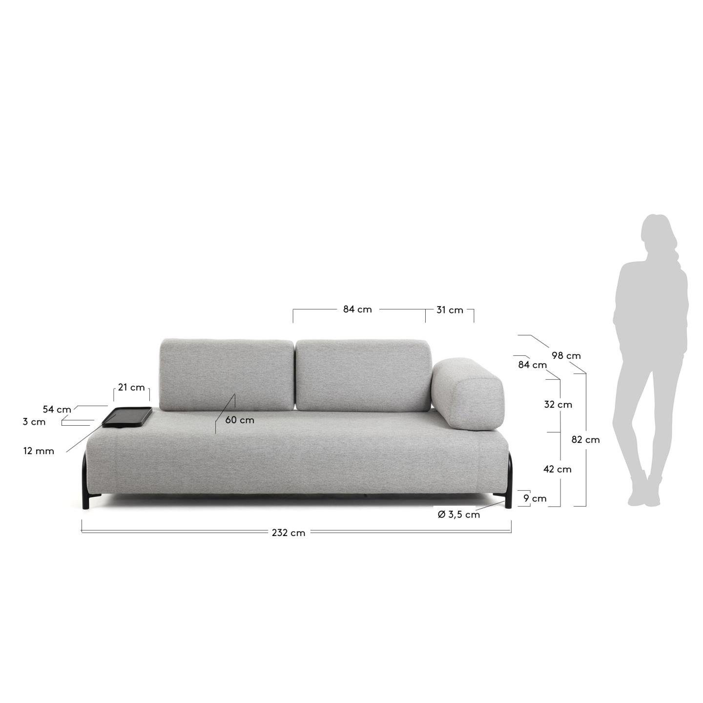 kleinem Sofa Compo Natur24 Sofa Tablett 3-Sitzer hellgrau mit 232cm Couch