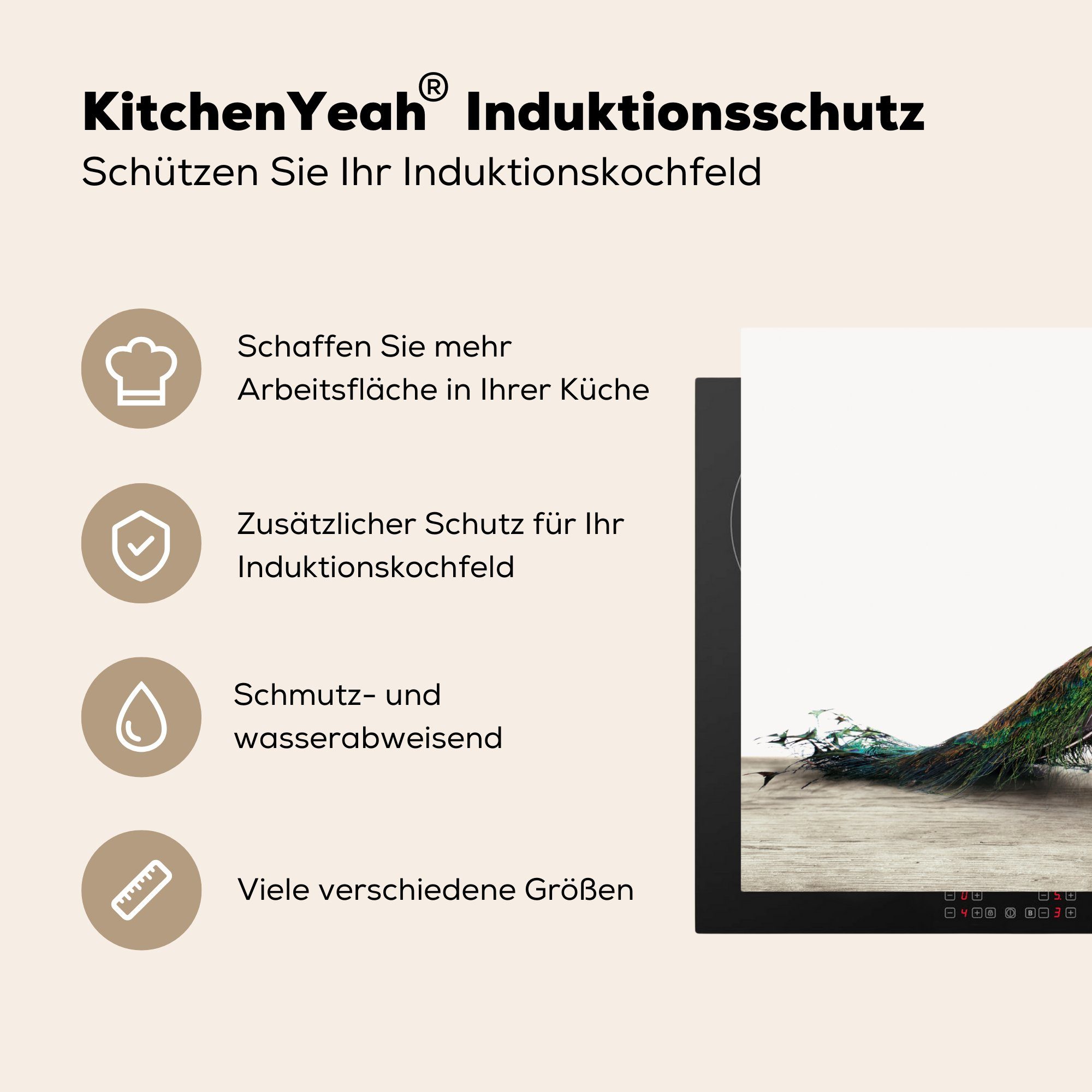 - tlg), Pfau 77x51 Herdblende-/Abdeckplatte - Kinder - Jungen Federn cm, für Mädchen, küche Ceranfeldabdeckung, Vogel Vinyl, - (1 Arbeitsplatte MuchoWow -