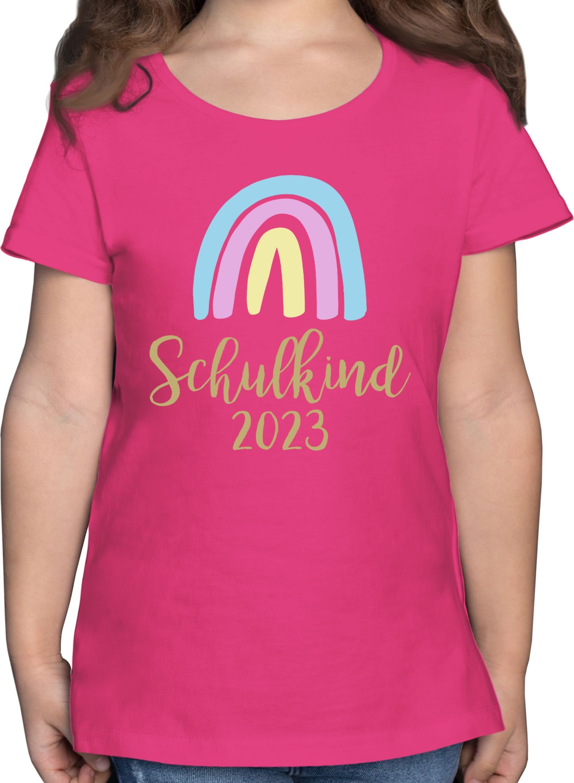 Mädchen Pastell Schulkind Fuchsia Einschulung 3 Gold Shirtracer / Regenbogen T-Shirt 2023