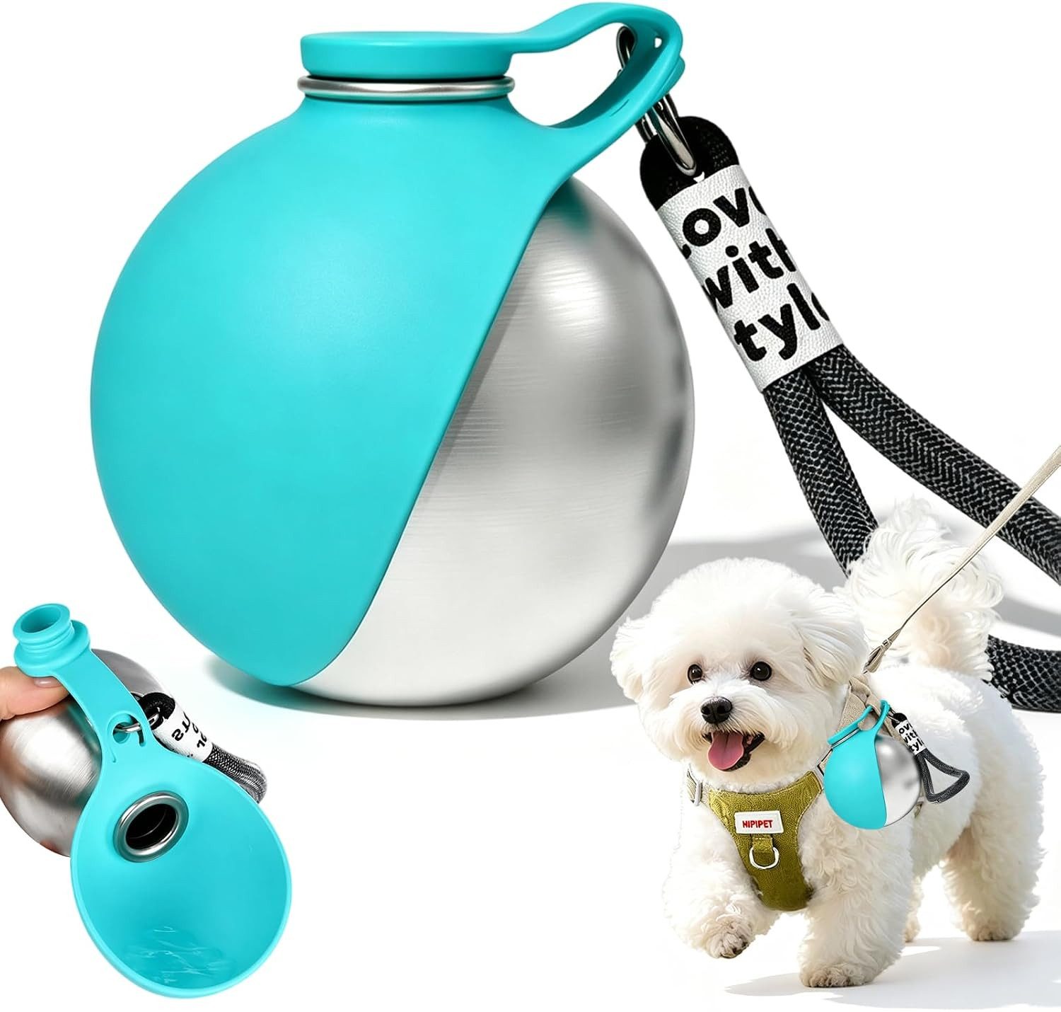 OYLCDI Napf 2‑in‑1 Hund Trinkflasche 285 ml,Tragbare Haustier Wasser Futterflasche, 304 Edelstahl mit Silikon‑Schutz, Auslaufsicher, inkl. Trage‑Lanyard mit Karabiner für Spaziergang, Reisen, Camping