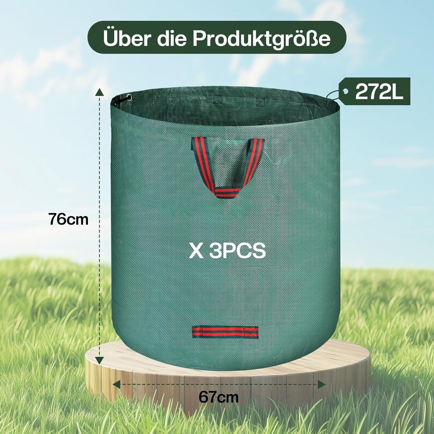 Refined Living Gartensack 3X 272L Gartenabfallsack mit Griffen, Laubsack wasserdicht & reißfest, für für Gartenabfälle, Laub, Grasschnitt oder als Aufbewahrungstasche für diverse Zwecke, 272 l, (Abfallsack mit Griffen, Grünschnittsack, Gartenarbeit Sack, Laubsammel Sack,Laubsammel Sack, 3-tlg., Faltbar, Wiederverwendbar, Große Kapazität und selbststehendes Design), UV-beständig, Wetterfest und pflegeleicht, Vielseitig einsetzbar
