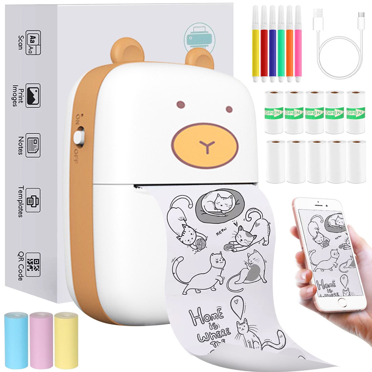 MOPUEA Mini-Thermodrucker Set 13 Rollen Papiermit Ferndruck und Fotodruck Etikettendrucker, (Thermodruck ohne Tinte, 203 DPI, tragbar und umweltfreundlich)