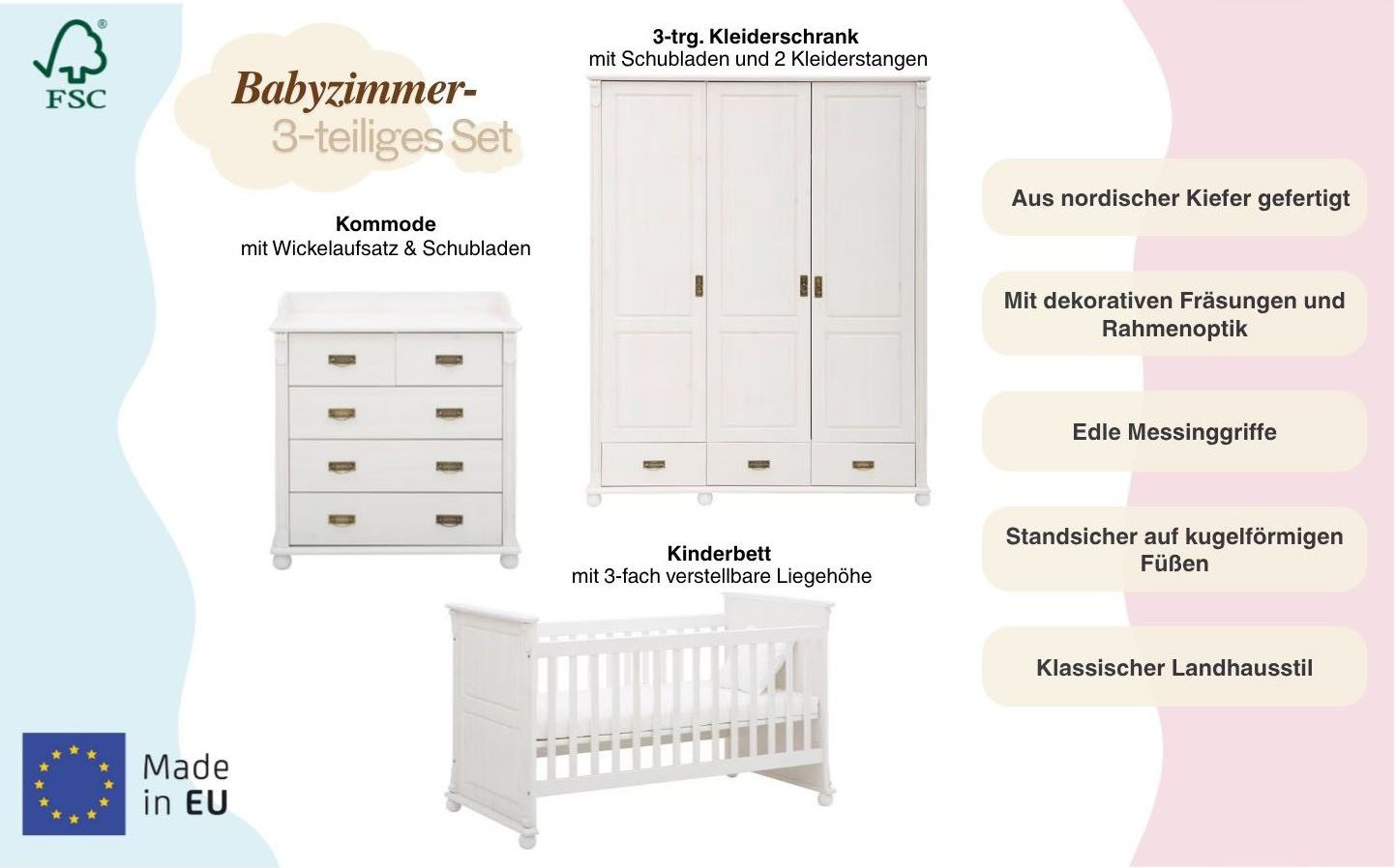 OTTO home Babyzimmer-Komplettset "Aimo", Landhausstil, stabile Qualität, edles Design, Messinggriffe, (Set, 3-tlg., Kinderbett, Schrank, Wickelkommode), aus Massivholz; FSC®-Holz aus gewissenhaft bewirtschafteten Wäldern