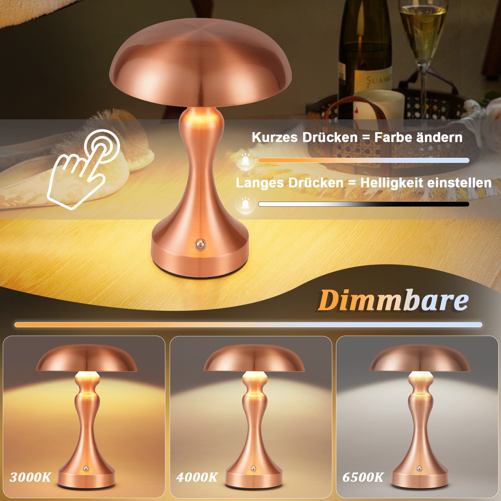 Nettlife LED Nachttischlampe Touch Dimmbar Kabellos Akku Tischleuchte Vinta günstig online kaufen