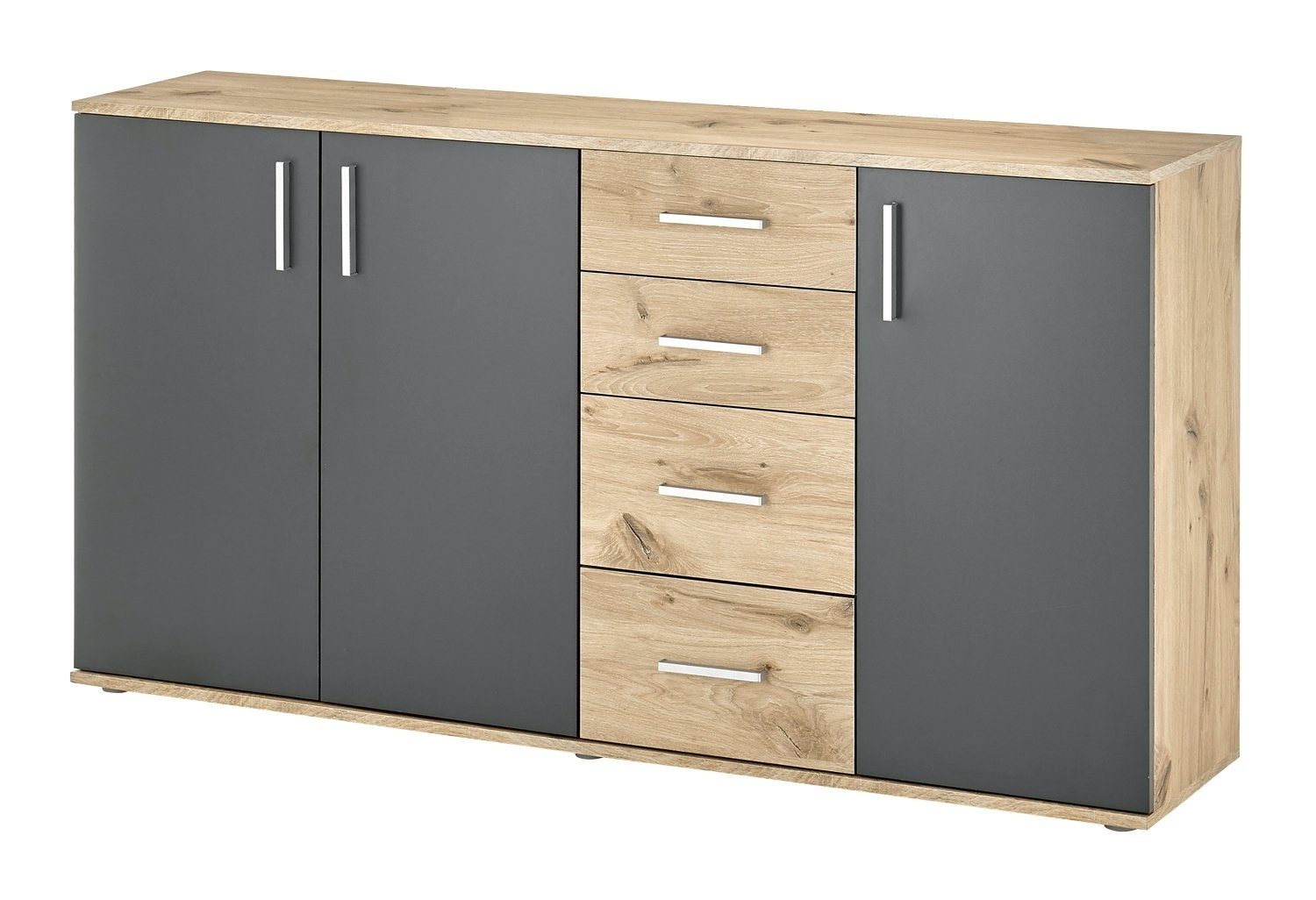 Kommode BC 1040, Grau matt, Viking Eiche Dekor, 3 Türen