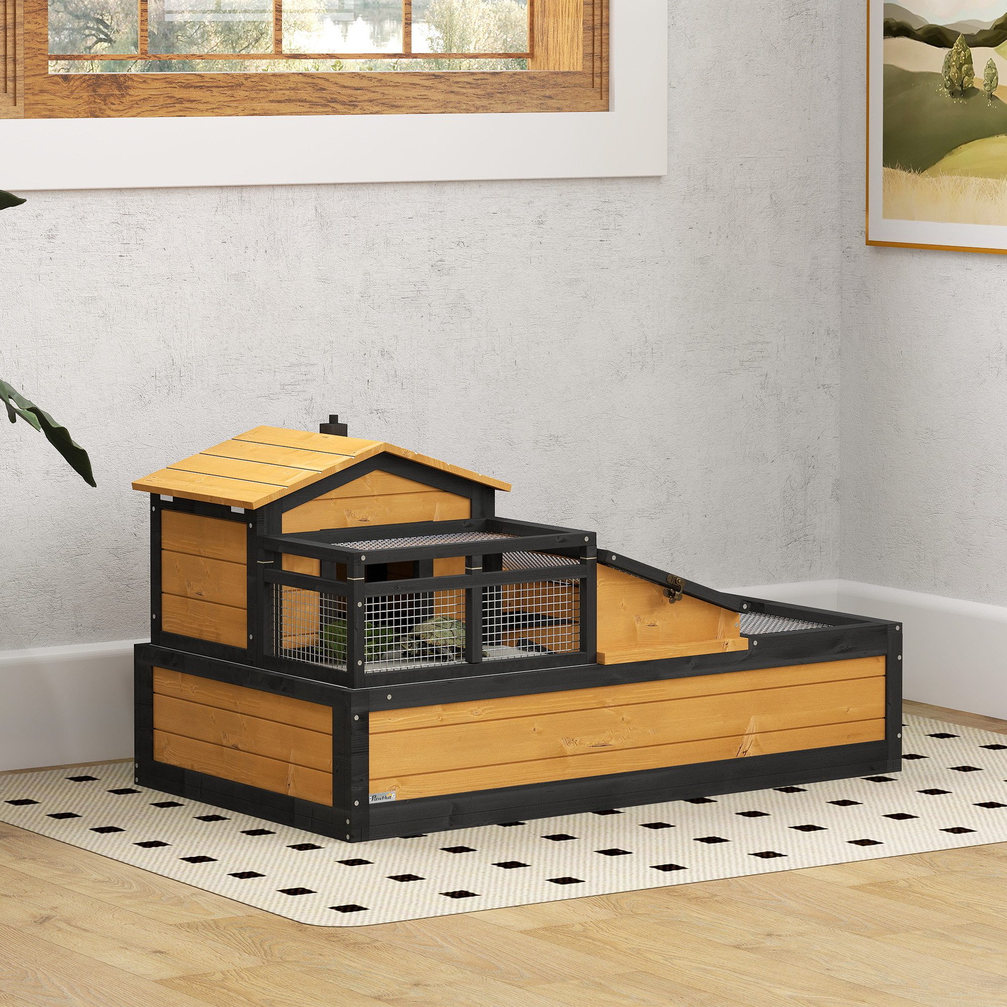 PawHut Kleintierstall Schildkrötenhaus aus Holz Schildkrötengehege mit 2 Ebenen, Outdoor für Kleintiere 112 x 65 x 60 cm, Gelb
