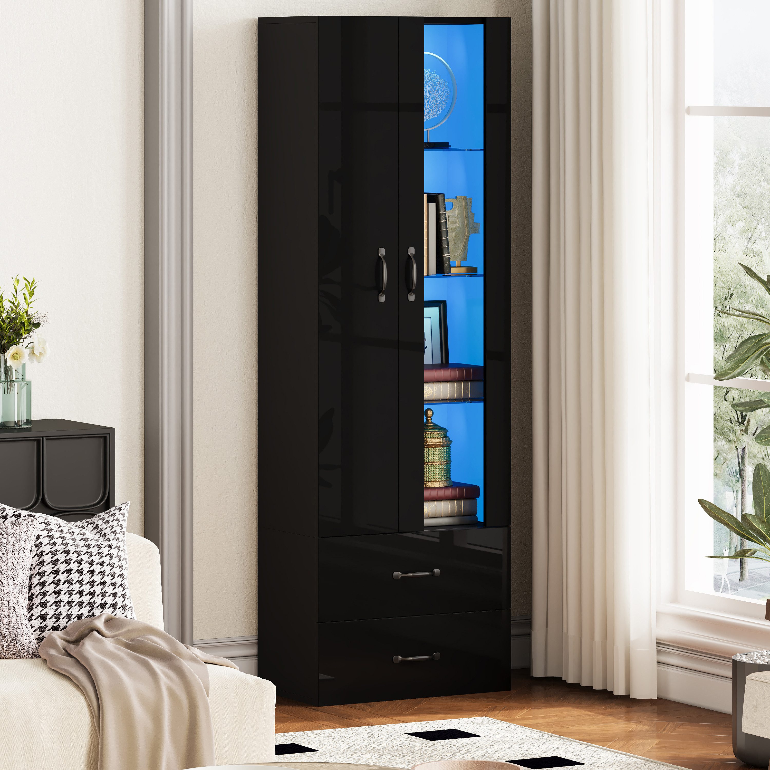Odikalo Vitrine Vitrineschrank Hochschrank mit LED und Schubladen (mit transparenter Tür, freistehende Vitrine LED-Vitrine Wohnzimmer Wohnzimmerwand LED-Vitrine LED-Schrank Buffetschrank)