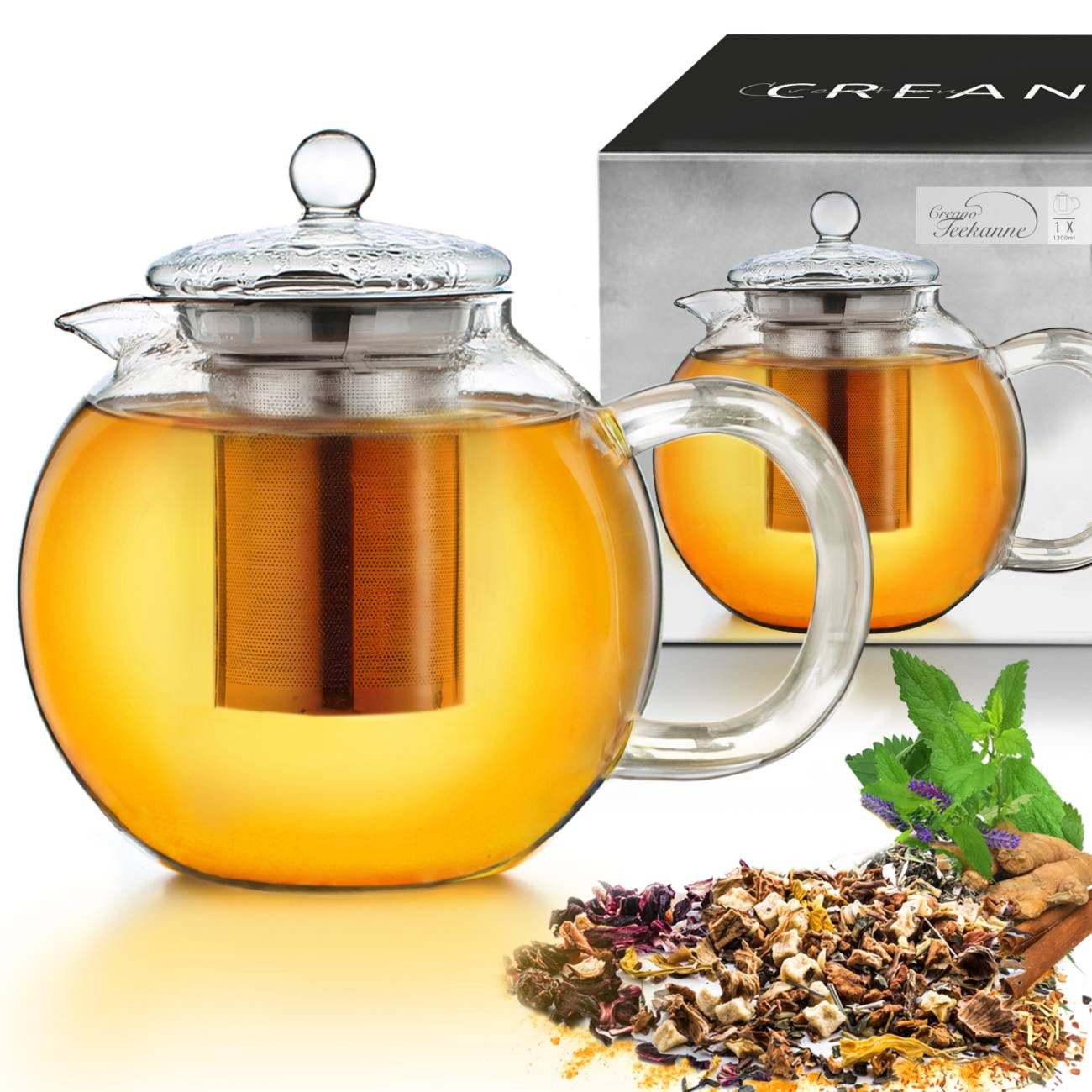 Creano Teekanne Teekanne “Schnabel” 1,3l mit Integriertem Edelstahl-Sieb + Glas-Deckel, 1,3 l, (1er-Set, 3-St., Teekanne & Deckel), tropffrei