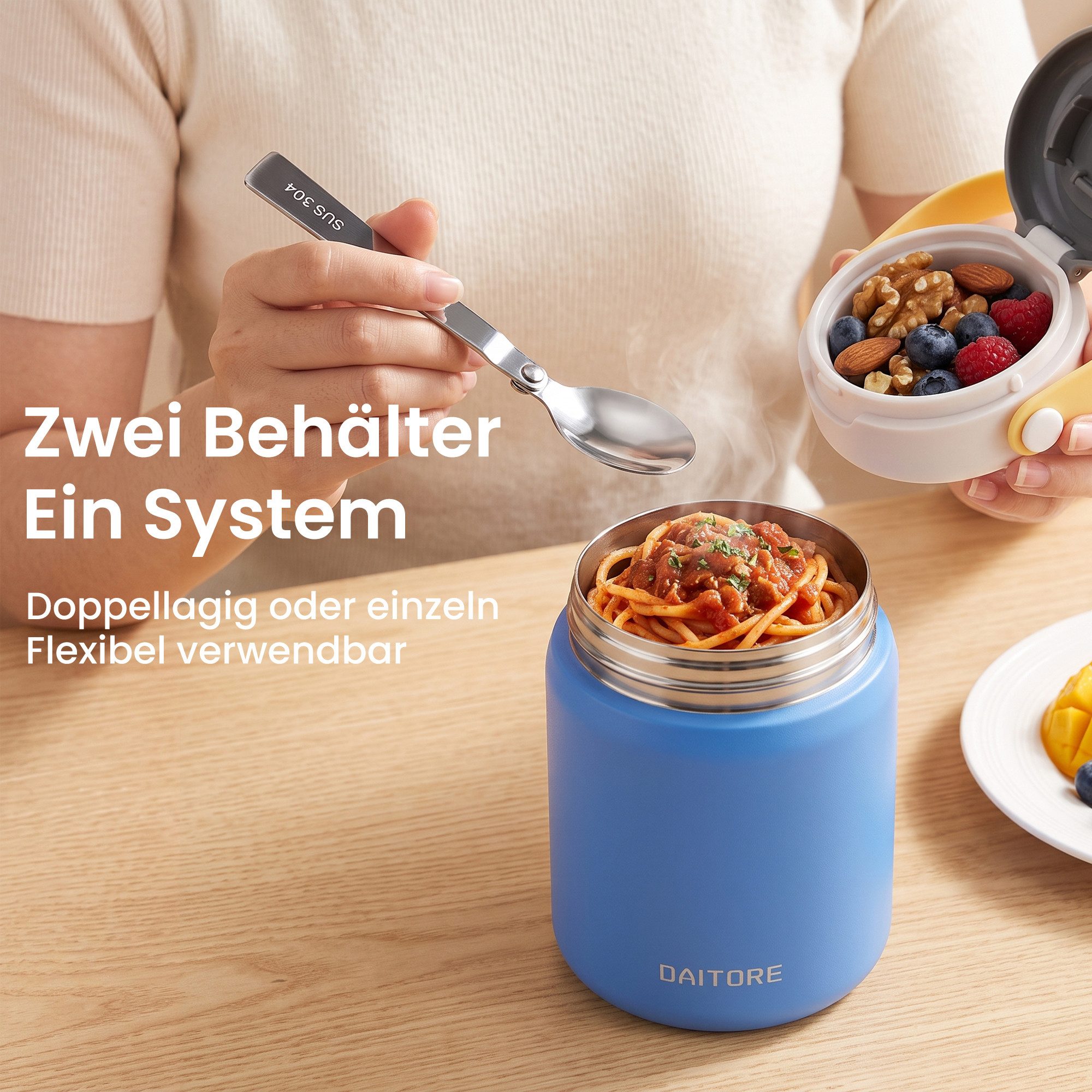 DAITORE Thermobehälter 480ml Thermobehälter Edelstahl 304 mit Löffel, auslaufsicher, (Geeignet für Büro, Schule, Reisen, Vielseitige Anwendung), 5h warm & 8h ka – Bild 2 von 5