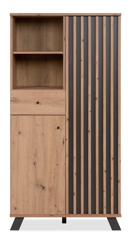 Finori Vitrine Highboard Medan, mit 3D-Lamellen, Artisan Eiche / anthrazit