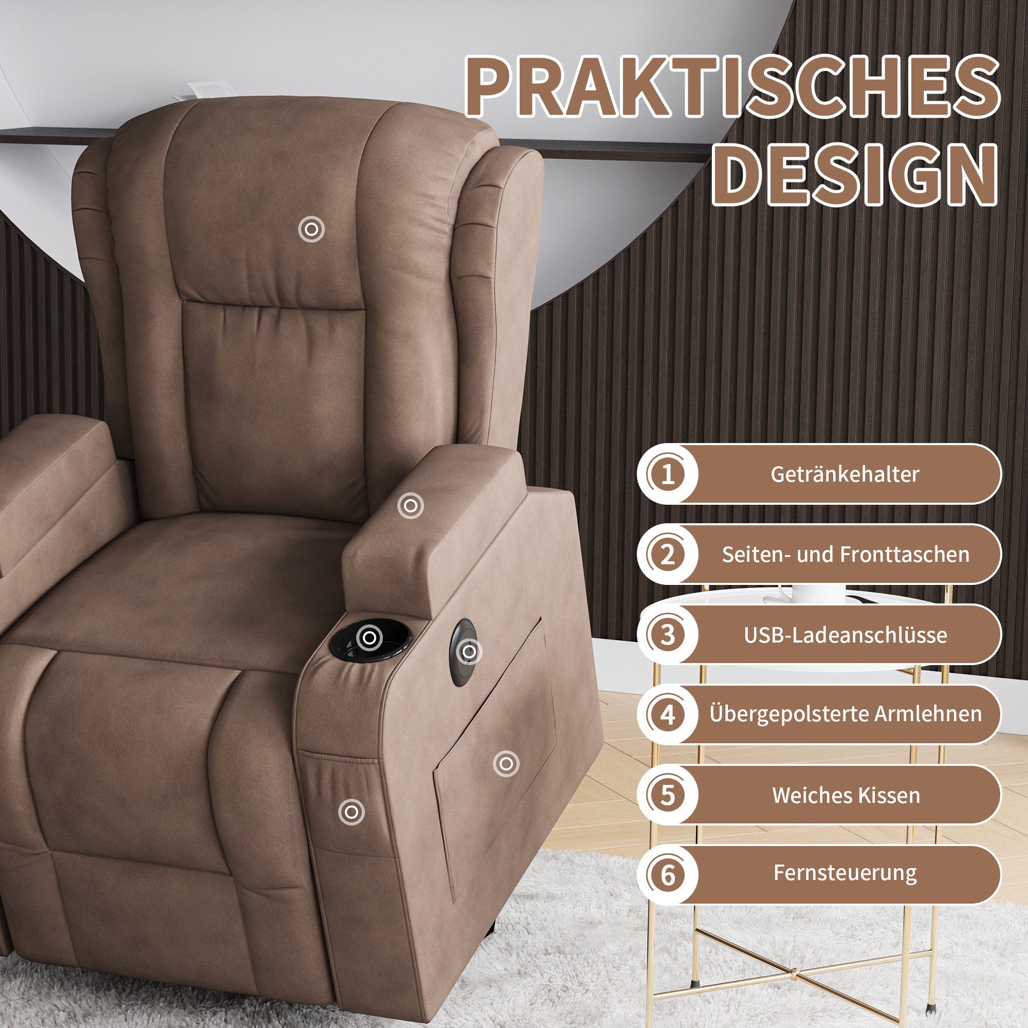 ADWOLT Relaxsessel Elektrisch Massagesessel mit Liegefunktion Fernsehsessel TV-Sessel (Set, 1-St), Liegesessel Heizung Verstellbar Sessel mit Ladeanschlüsse,Braun