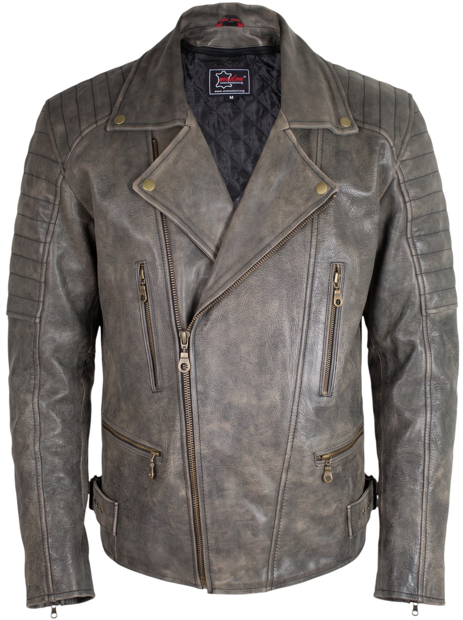 MDM Motorradjacke Retro Motorradjacke Biker Lederjacke im Vintage Stil Mit Protektoren an Schulter, Ellenbogen und Rücken