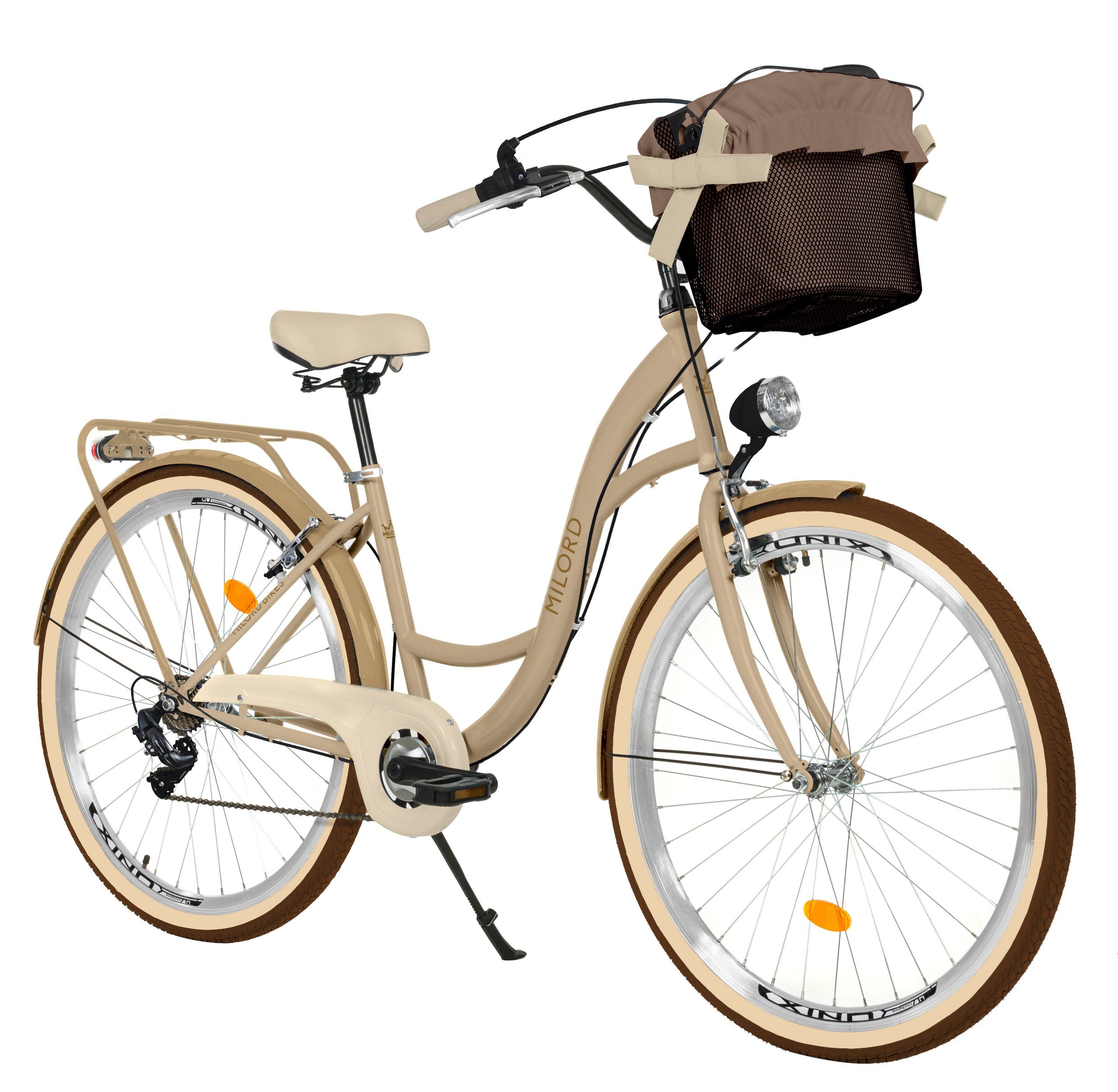 MILORD BIKES Cityrad Milord City Fahrrad Korb Damenfahrrad, 28 Zoll, Creme-Braun, 7-Gang, 7 Gang, Kettenschaltung