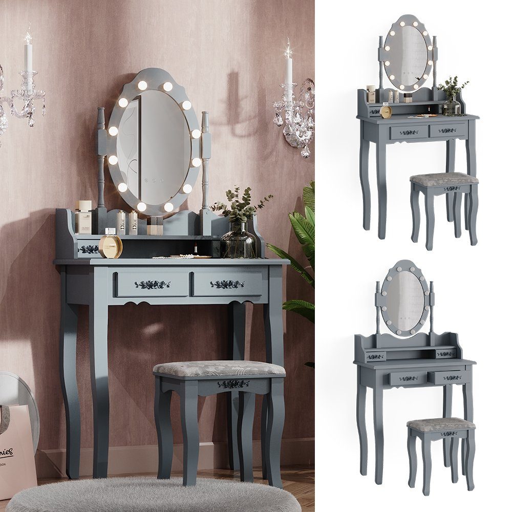 Vicco Schminktisch Maggie, Grau, 75 cm mit LED Beleuchtung und Hocker günstig online kaufen