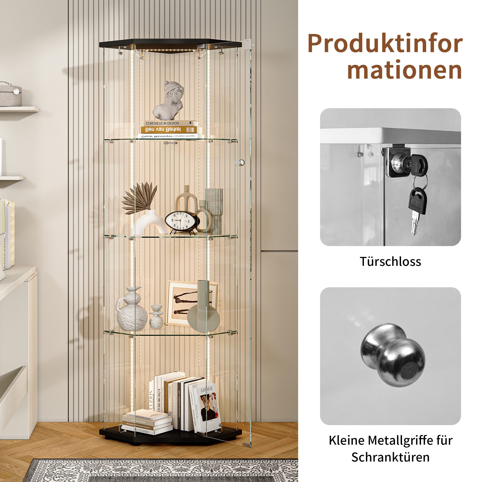 Simurq Glasvitrine Eckvitrine 162cm LED Sammlervitrine,4 Lagen Eck-Glasvitrine Stehend (Packung, Sammlervitrine Schauvitrine mit 1 türen und Schloss, Gehärtetes Glas) LED-Streifenbeleuchtung; Mit Schloss;Fünfeckiges Design;Einzeltür