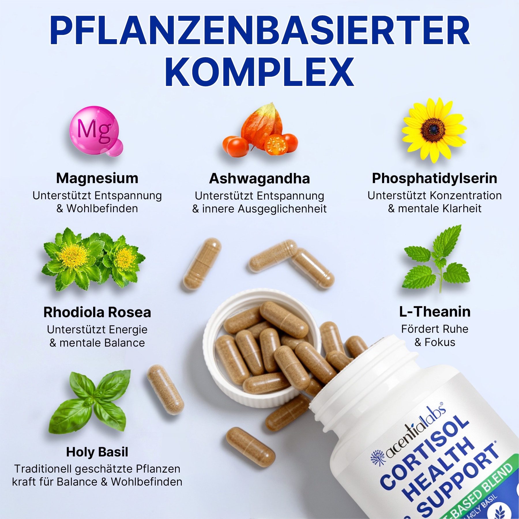 Acentiallabs Cortisol Support Unterstützung Komplex Ashwagandha Magnesium Kapseln, Allgemeines Wohlbefinden, Energiestoffwechsel