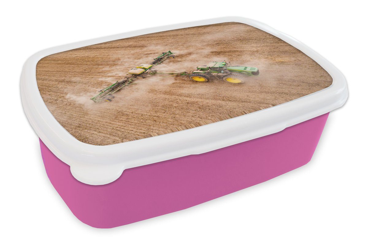 MuchoWow Lunchbox Traktor - Feld - Bauernhof - Landwirt - Grün, Kunststoff, (2-tlg), Brotbox für Erwachsene, Brotdose Kinder, Snackbox, Mädchen, Kunststoff rosa