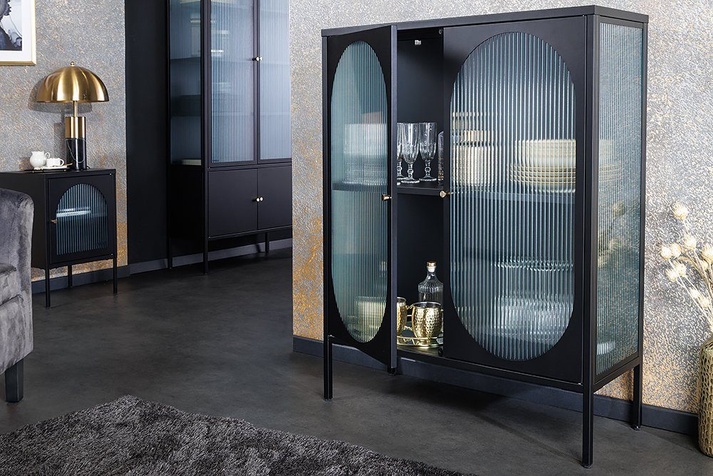riess-ambiente Vitrine PARIS 110cm schwarz/gold/transparent - Metall-Korpus, Riffelglas-Türen (Einzelartikel, 1-St) edler Schrank mit verstellbaren Fächern – ideal für Wohn- & Essbereich