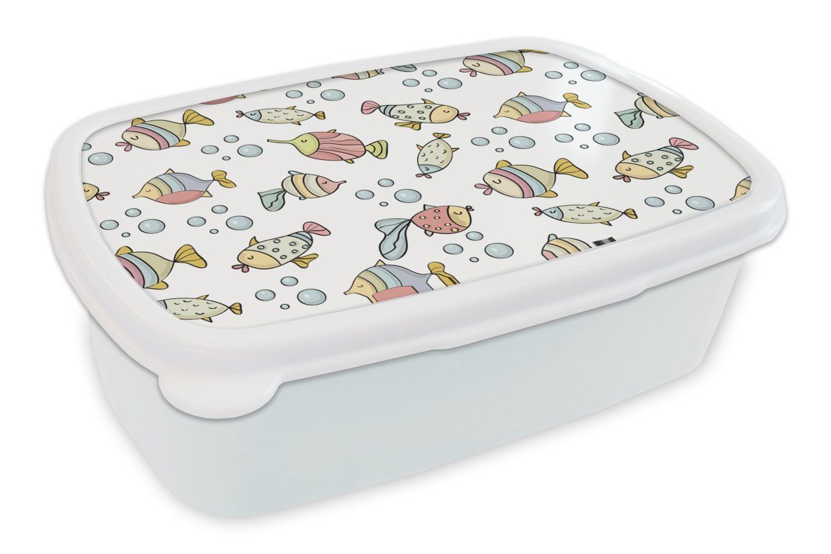 MuchoWow Lunchbox Aquarium - Muster - Fische - Kinder - Pastell, Kunststoff, (2-tlg), Brotbox für Kinder und Erwachsene, Brotdose, für Jungs und Mädchen weiß