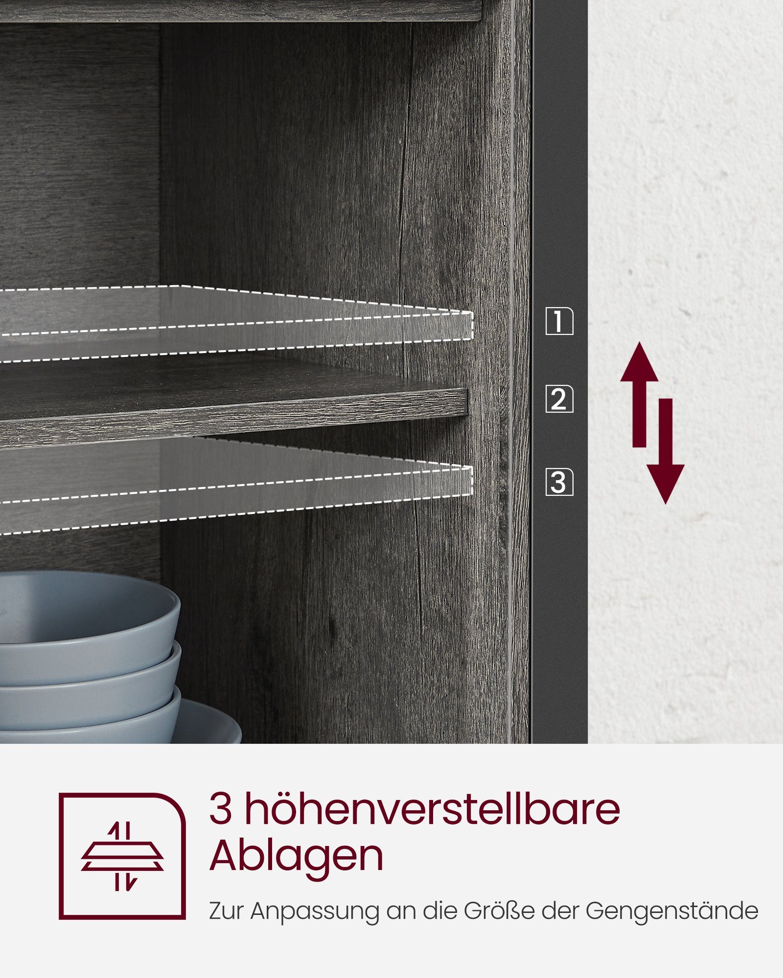 VASAGLE Sideboard Küchenschrank, mit 2 Schiebetüren, anthrazitgrau-schwarz verstellbare Ablagen
