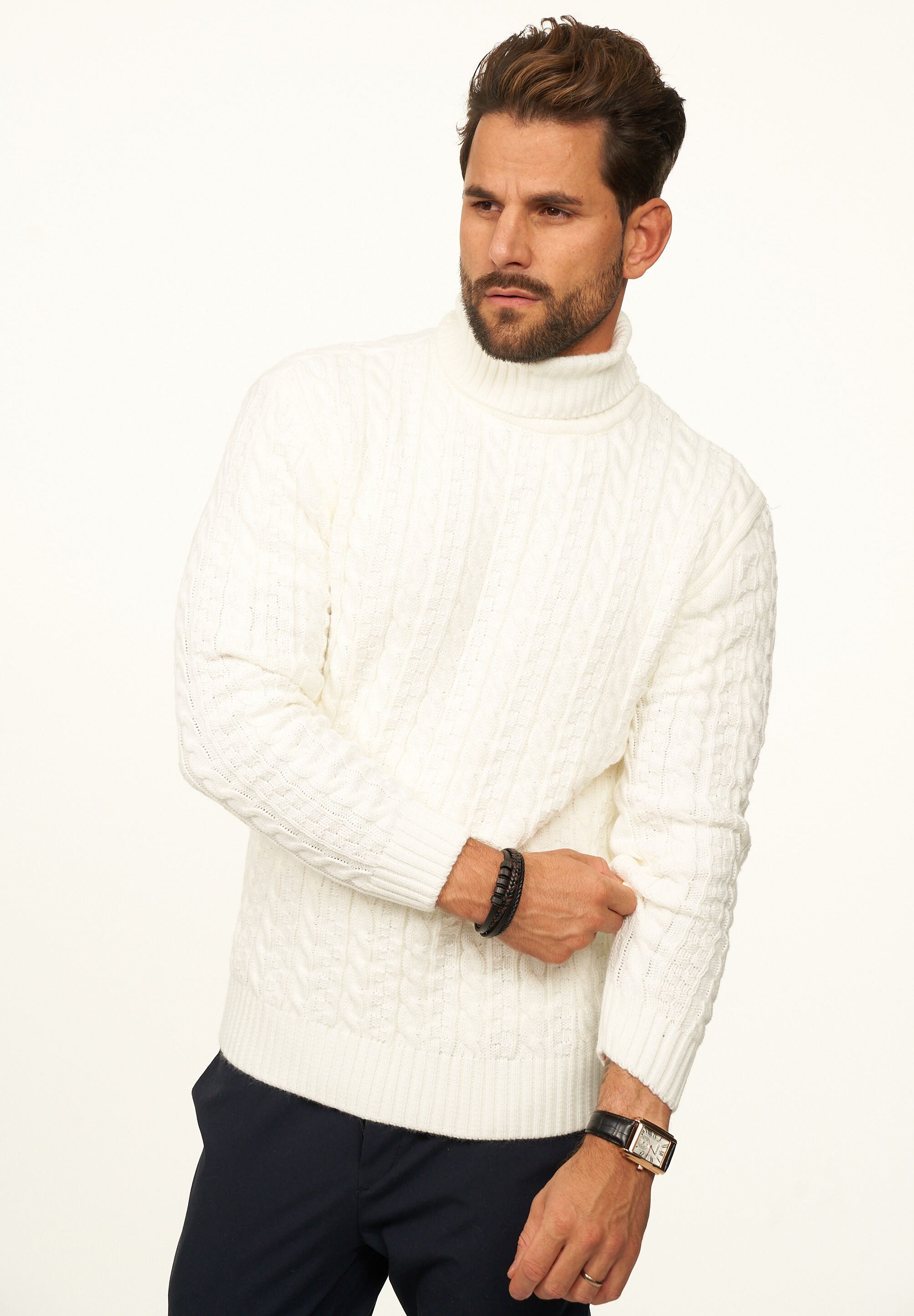 DAILY COTTON Rollkragenpullover als Grobstrick Pulli mit Zopfmuster für Herren Strickpullover für Männer - Winterpullover im Regular-Fit