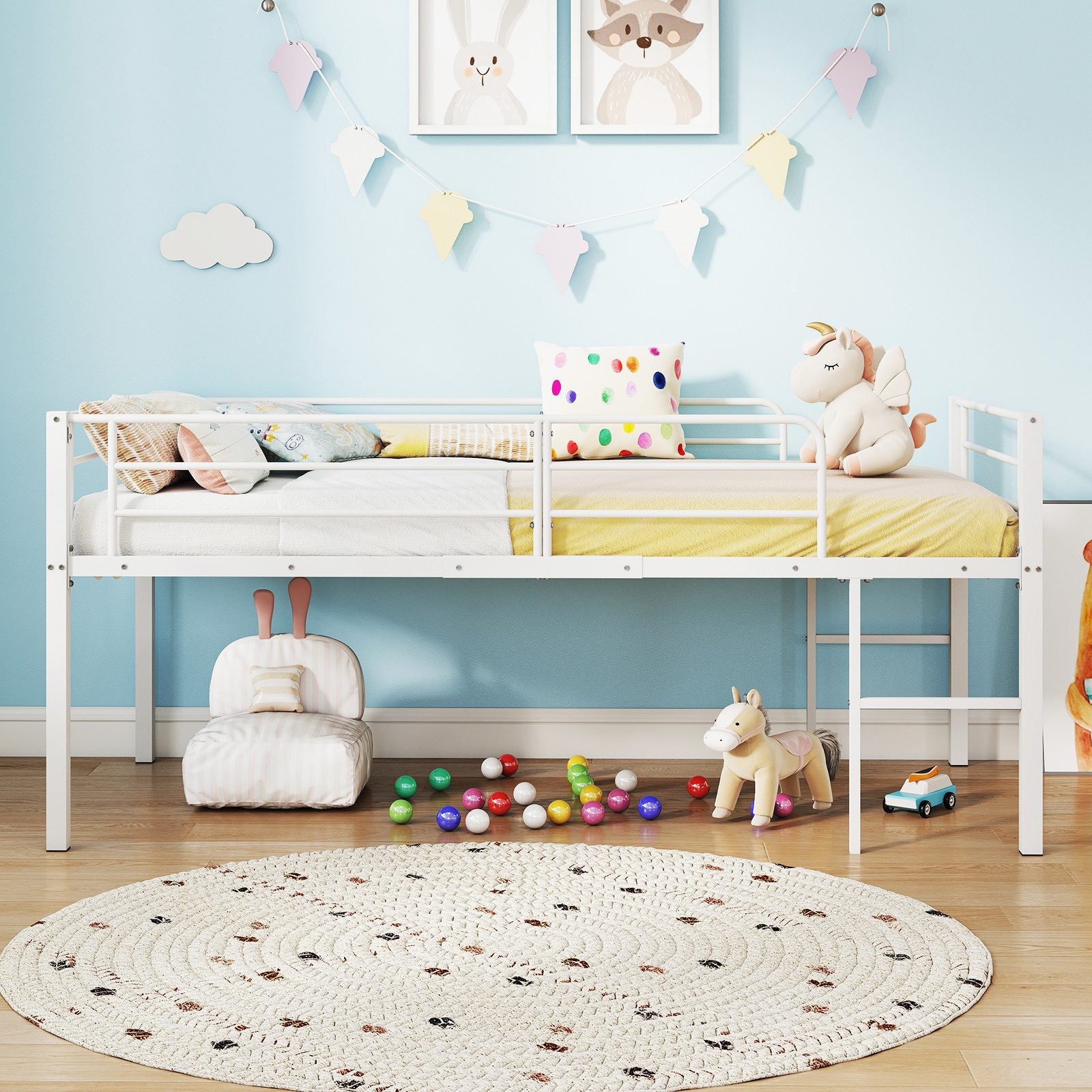 COSTWAY Kinderbett (1-tlg), Hochbett, Bettgestell, mit 2 Leitern, Sicherheitsgeländern