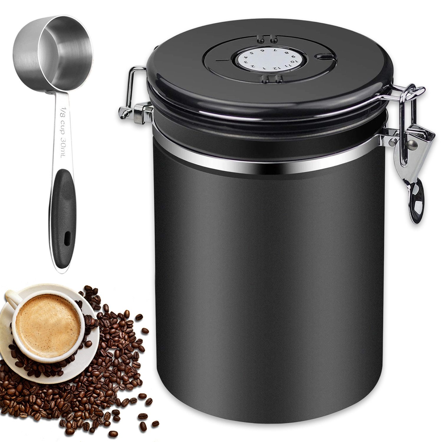 AKKEE Kaffeedose Edelstahl Luftdicht Kaffeebohnen Vorratsdose Mit Löffel, Luftdichte Kaffeebehälter