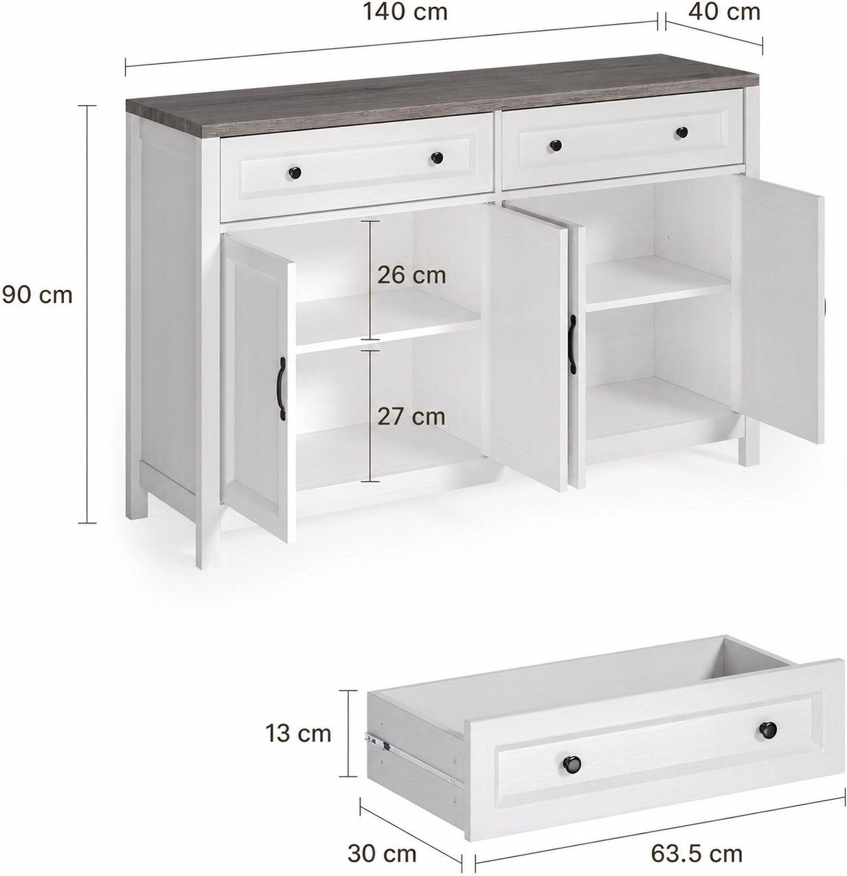 Blishom Sideboard Buffetschrank Küchenschrank Sideboard mit 2 Schubladen 140x40x90 cm (Zwei Schubladen, zwei Schränke), Küchenschrank mit Arbeitsplatten und 4 Türen