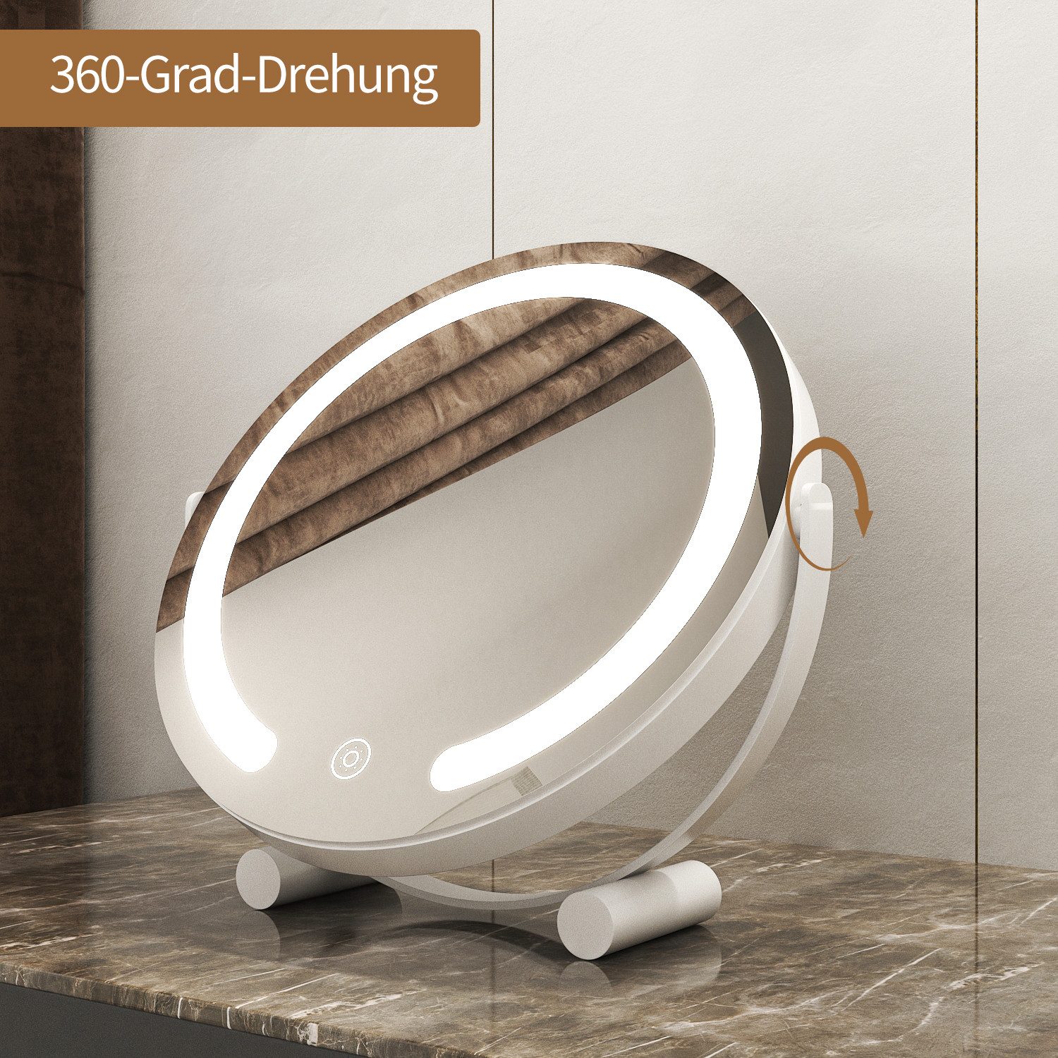 WDWRITTI Kosmetikspiegel Weiß LED Schminkspiegel mit Beleuchtung (Tischspiegel 360° Drehbar, 3000/4000/6500K, Helligkeit dimmbar), Energiesparend, Umweltschutz, hochauflösend