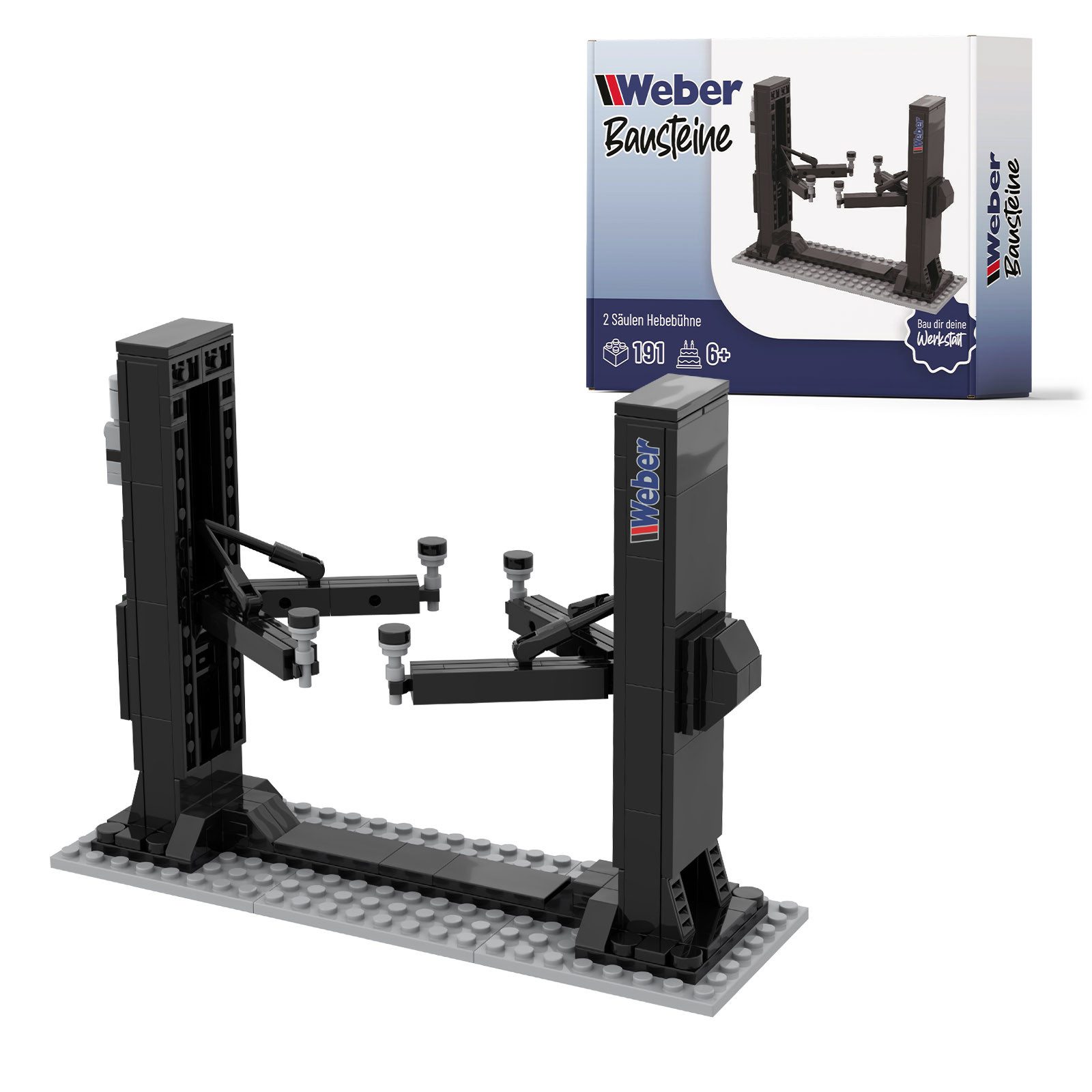 Weber GmbH Bausteine 2 Säulen Hebebühne Werkstatt Garage ab 6 Spielbausteine, (Packung, 191 St), Werkstattspaß für Kinder & Auto-Fans, perfektes Geschenk