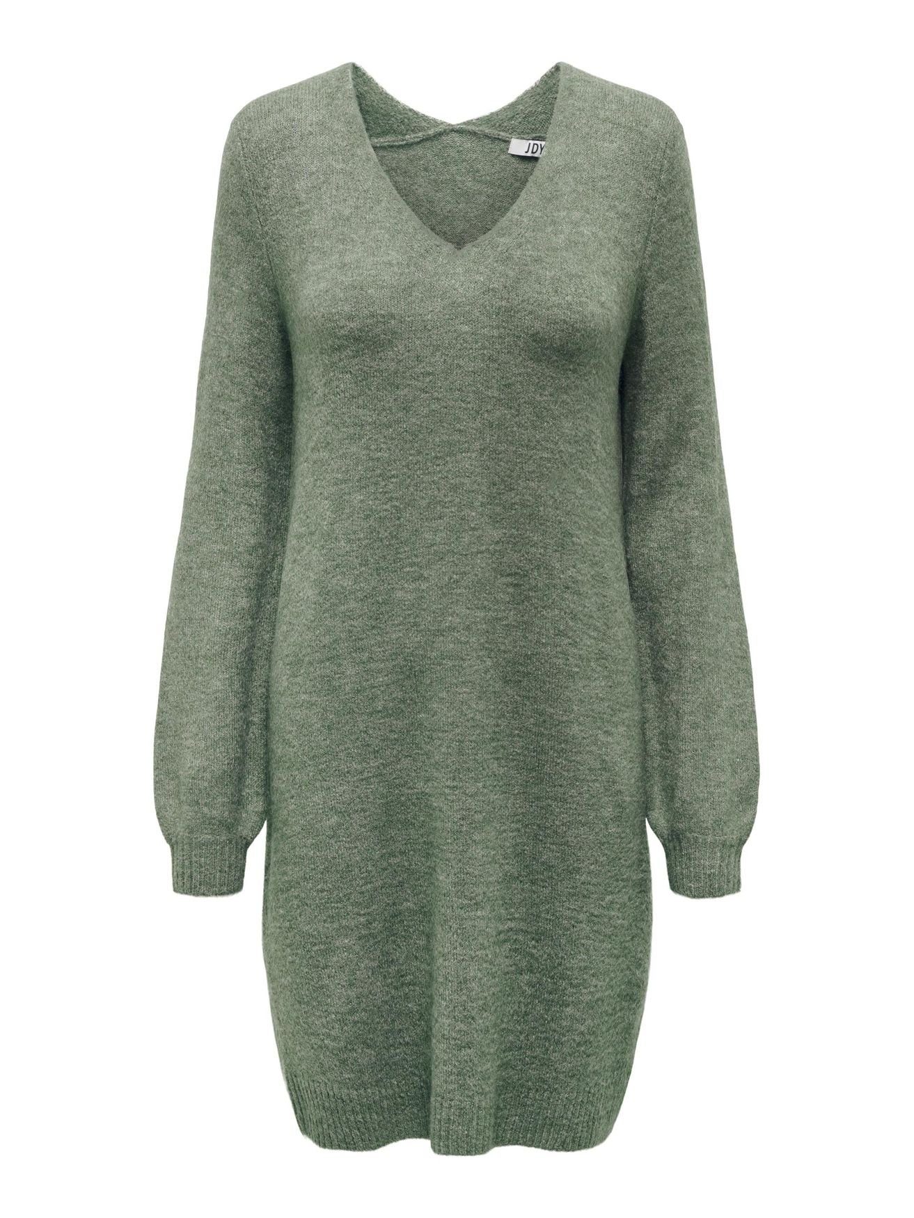 JACQUELINE de YONG Shirtkleid Langarm Strickkleid Mini V-Ausschnitt  Pullover JDYELANORA (lang) 4472 in Dunkelgrau