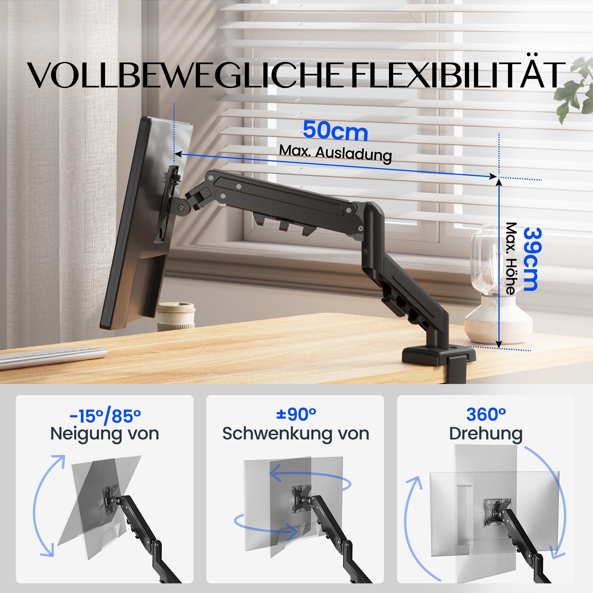 FLEXISPOT Monitorständer Ergonomische Monitorhalterung für Schreibtisch, flexibel verstellbar, (bis 32 Zoll, VESA 75/100 mm, 1-tlg., höhenverstellbar bis 39 cm, ausziehbar bis 50 cm, 360° drehbar,bis 9 kg je Arm)