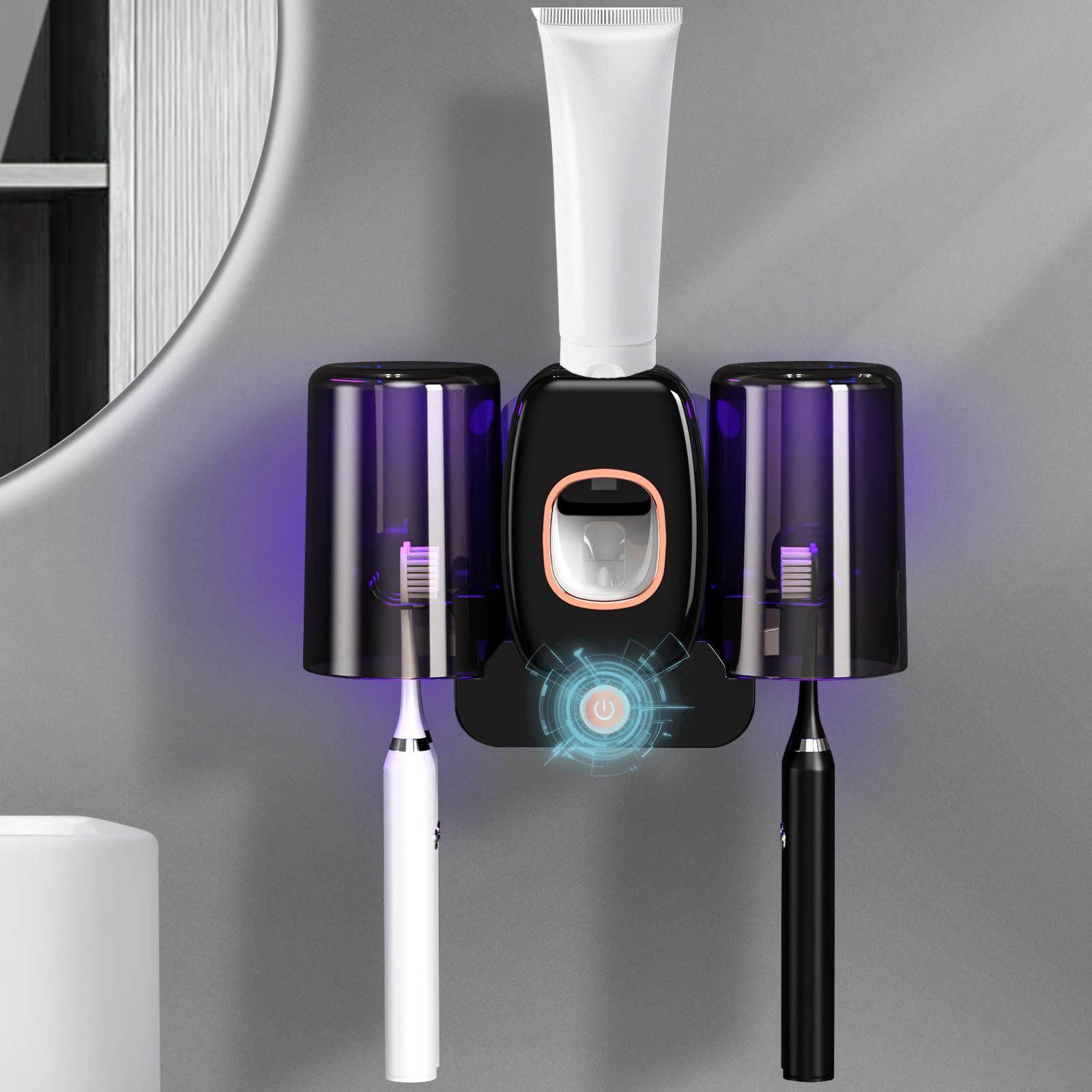 MOPUEA Zahnbürstenhalter Zahnbürstenhalter UV Desinfektions Zahnbürsten Halter mit 4 Schlitze, (Automatischer Zahnpastaspender, mit 2 herausnehmbarer Becher, 1-St., 20*6.6*13cm, für eine vierköpfige Familie), mit starkem Aufkleber, ohne Bohren