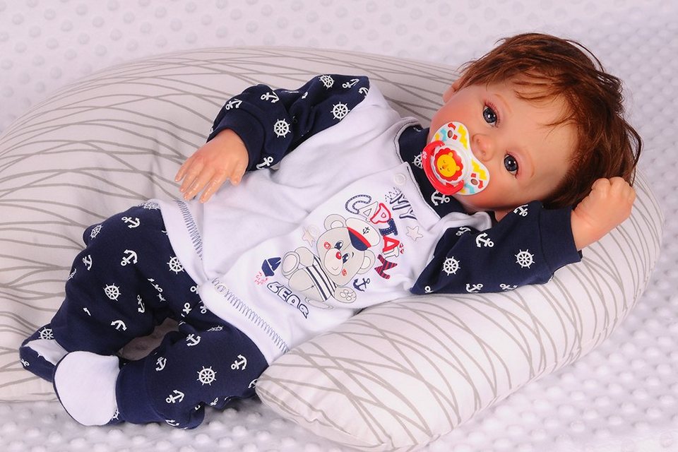 La Bortini Langarmshirt & Hose Baby Anzug 2Tlg Hose und Hemdchen 44 50 56  62 68 74 aus reiner Baumwolle, Farbe: Weiß / Blau mit Anker Muster und Print