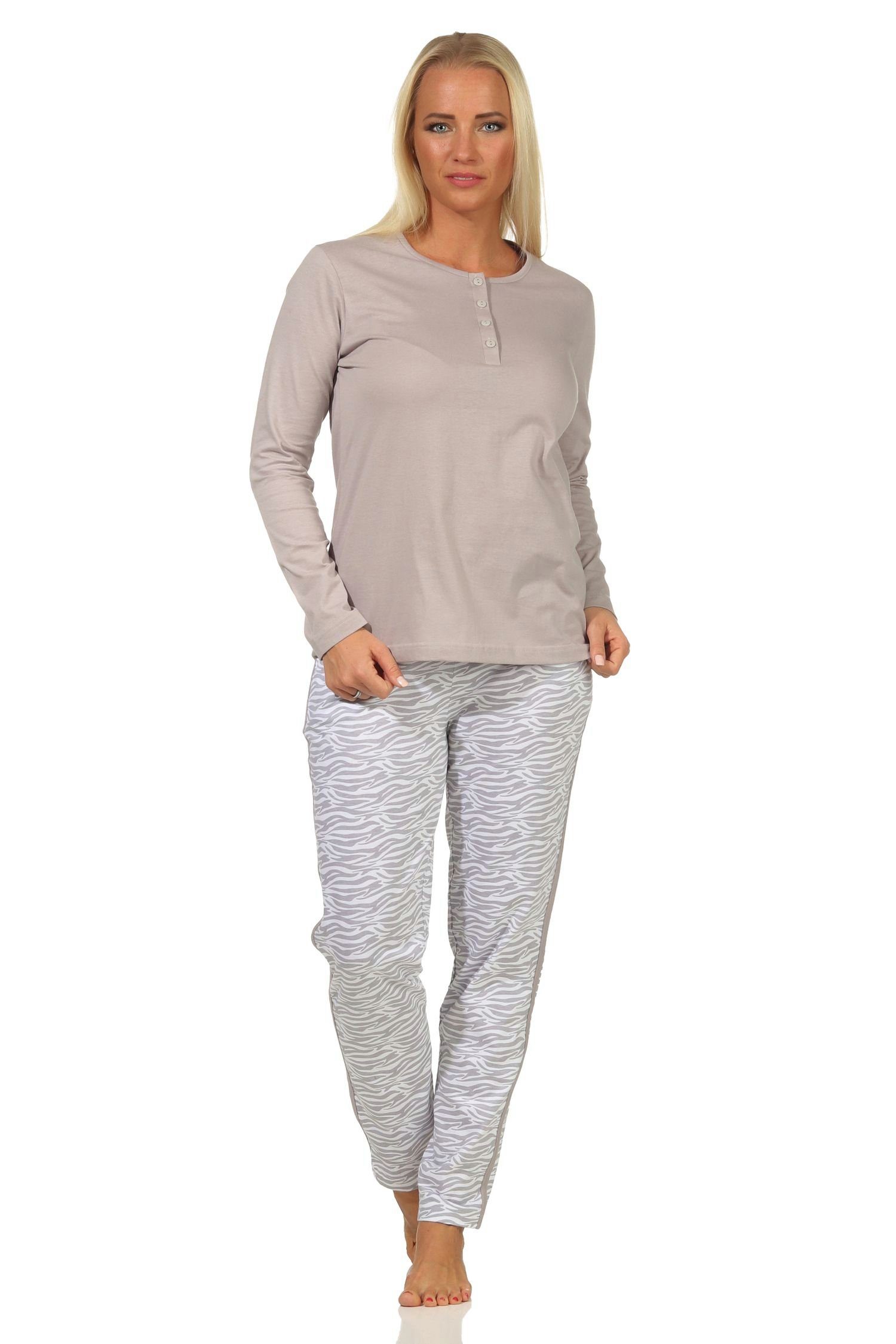 Pyjama Streifen Animal-Muster grau + Damen Bein mit seitlichen Normann Pyjama am langarm