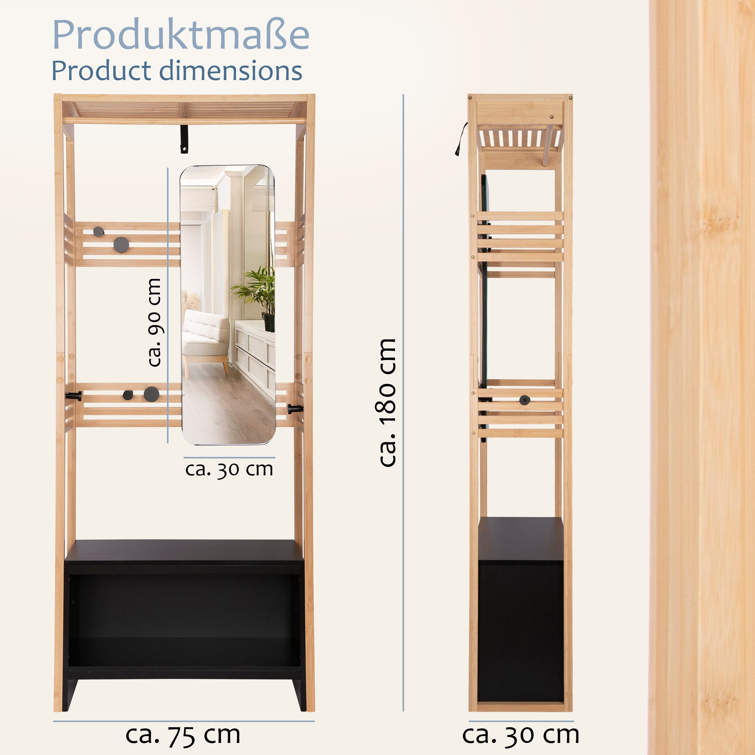 ONVAYA Garderobenständer Bambus mit Spiegel ǀ Kleiderstange, Haken, Aufbewa günstig online kaufen