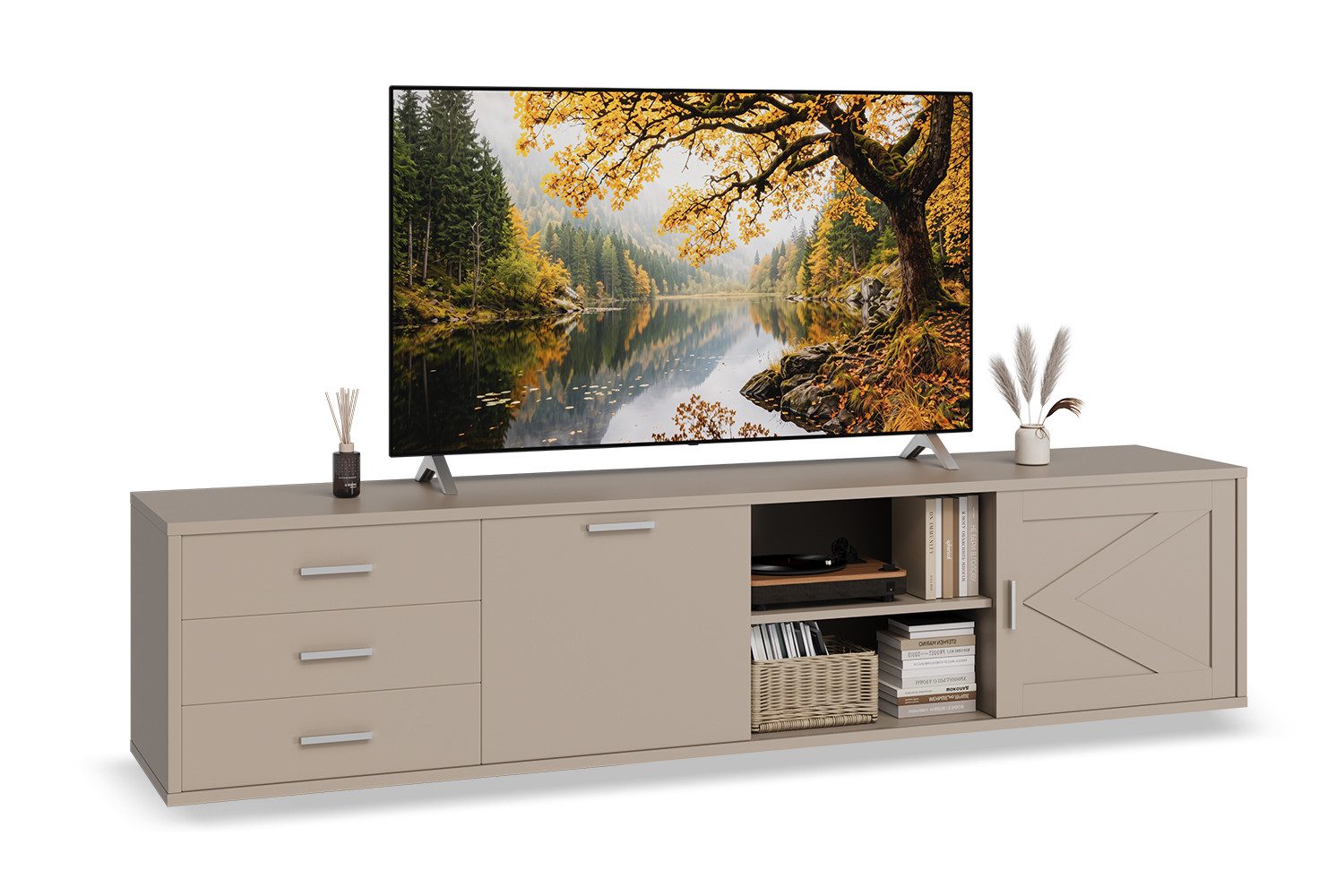 HOMAVO Lowboard TVG1 mit 3 Schubladen & Schiebetür, 160 - 180 cm (FSC®, viel Stauraum, pflegeleicht), Bodenstehendes TV-Lowboard mit Stauraum