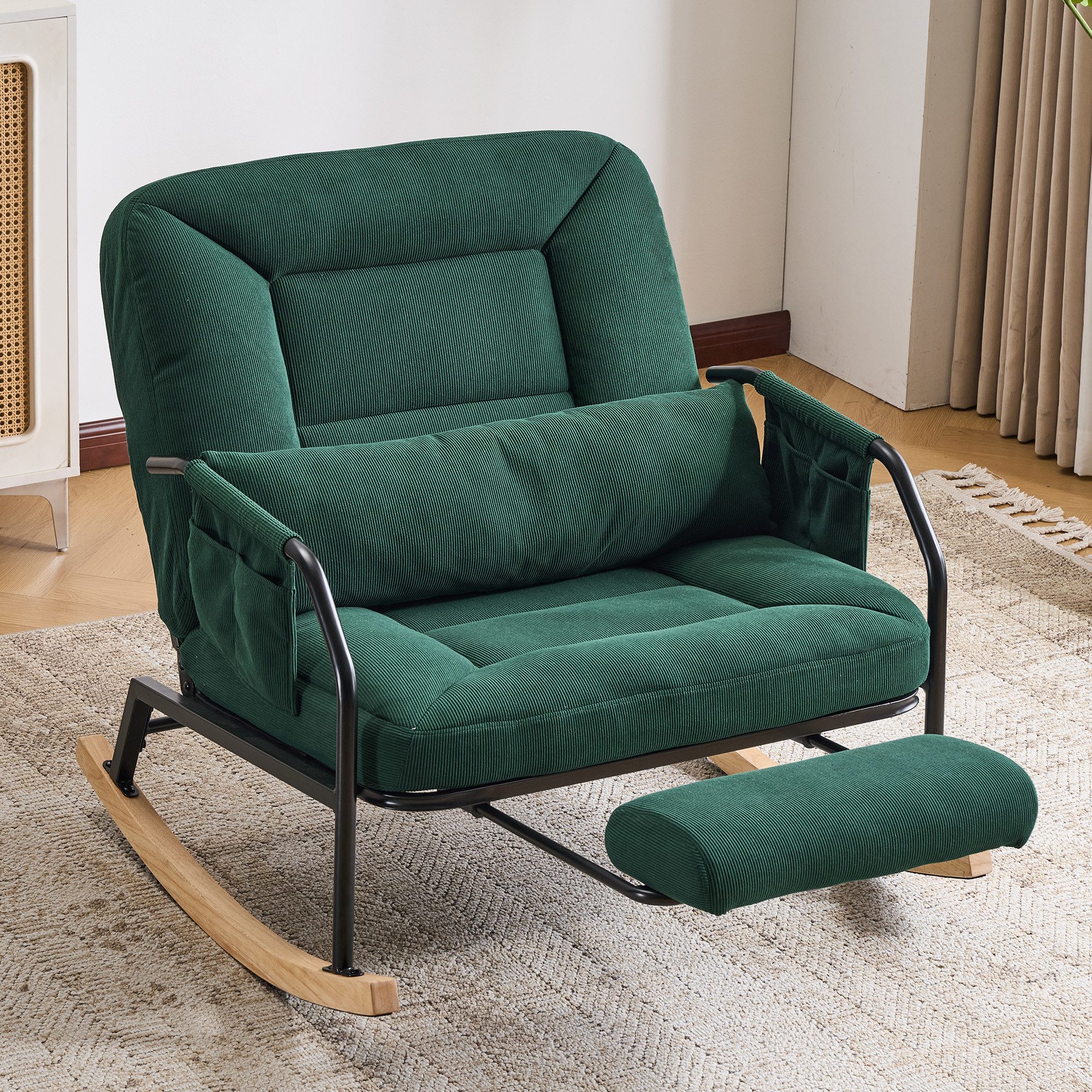 Leawin Schaukelstuhl Großer Schaukelstuhl mit Liegefunktion & Fußstütze aus Cord, Verstellbarer Relax-Schaukelstuhl mit breitem Sitz & Kissen