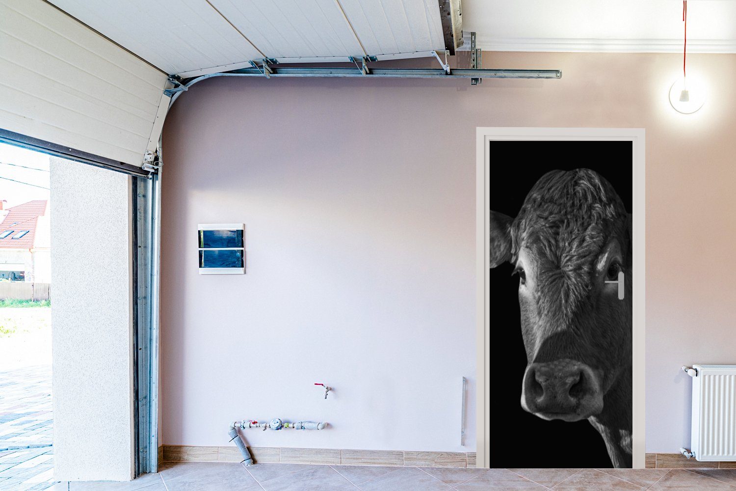 bedruckt, Türaufkleber, - Türtapete Tiere 75x205 Kuh MuchoWow Schwarz Porträt, Tür, für - - Weiß - cm Matt, St), (1 Fototapete