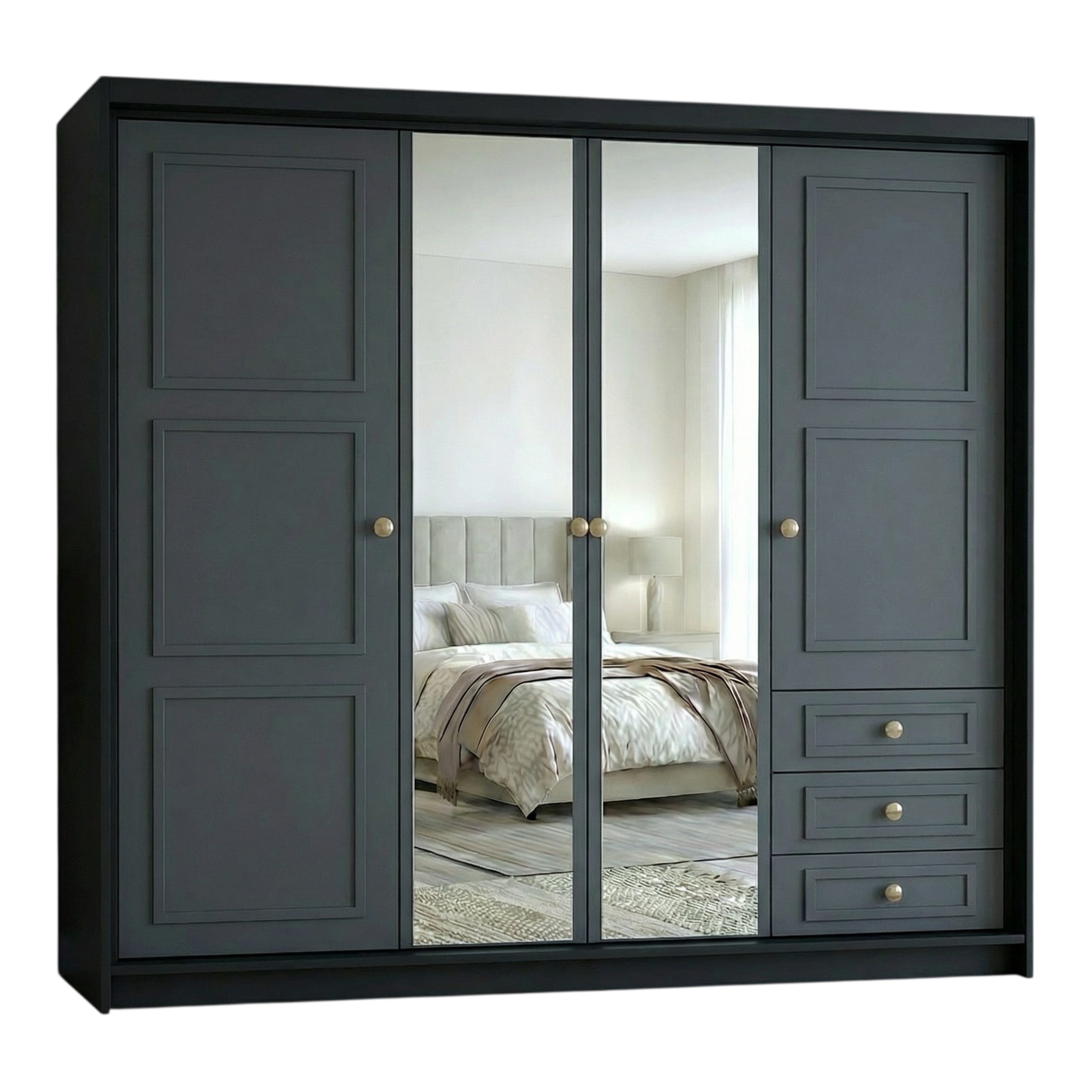A&J MöbelLand GmbH Drehtürenschrank OSLO viertüriger Kleiderschrank mit Schubladen und Metallgriffen (Geräumiger viertüriger Kleiderschrank mit Schubladen und Metallgriffen. Geräumiger Schrank mit einer Breite von 200 cm und Schubladen, ideal zur Aufbewahrung von Kleidung und Accessoires. Viel Stauraum. TOP PRODUKT! Wählen Sie das ideale Modell für Ihr Schlafzimmer!, TOP ANGEBOT) Breite: 200 cm, Höhe: 215 cm, Tiefe: 59,5 cm