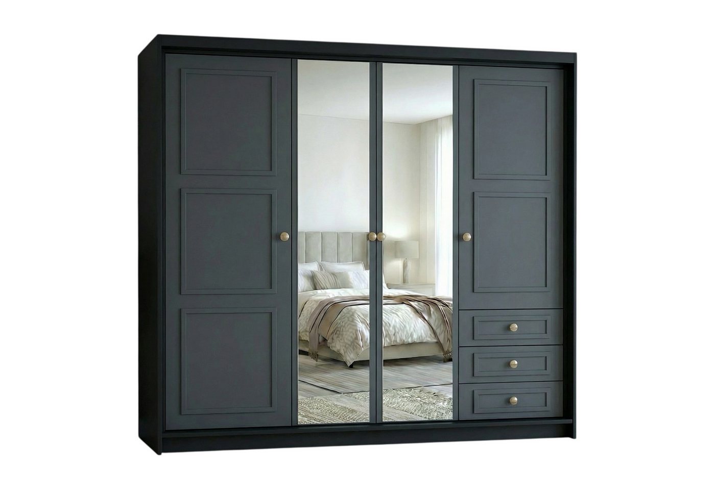 A&J MöbelLand GmbH Drehtürenschrank OSLO viertüriger Kleiderschrank mit Schubladen und Metallgriffen (Geräumiger viertüriger Kleiderschrank mit Schubladen und Metallgriffen. Geräumiger Schrank mit einer Breite von 200 cm und Schubladen, ideal zur Aufbewah