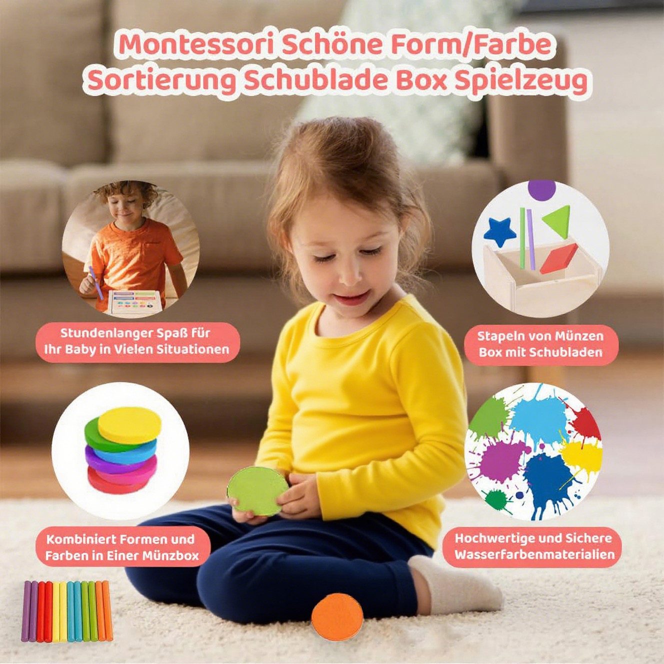CLTYQ Lernspielzeug Montessori Spielzeug ab 3Jahr, Baby Spielzeug,Farbe Sortierspiel, Kleinkind Sensorik Spielzeug Baby Motorikspielzeug Holzspielzeug – Bild 4 von 5